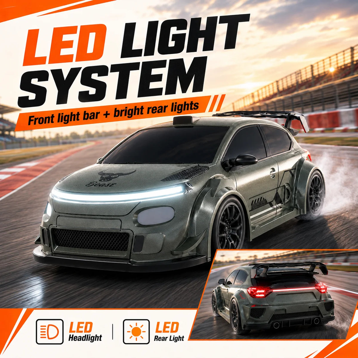 1:24 RC Drift Car 4WD With LED Lights & Swap Tires
