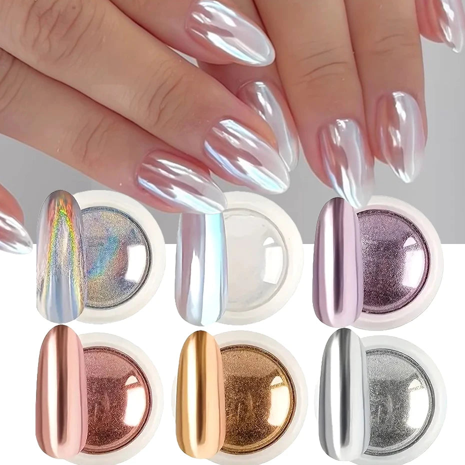 Chrome Mirror Nail Powder Set – Holographic Aurora Effect