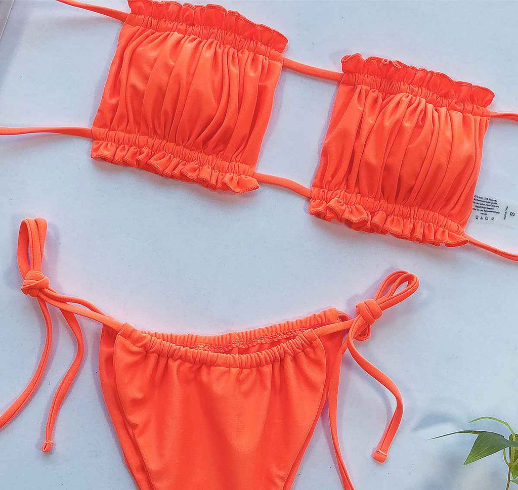 Tie Dye Pleated Ruffled Bikinis Bandeau Bikini Women Swimsuit Female Swimwear Two-pieces Bikini Set Hollow Out Bathing Suit Swim