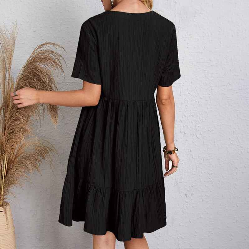 Summer Casual Women Elegant Short Sleeve V Neck Ruffles Dress Solid Loose Mini Dress Chic Bohemian Sundress Beach Party Vestidos