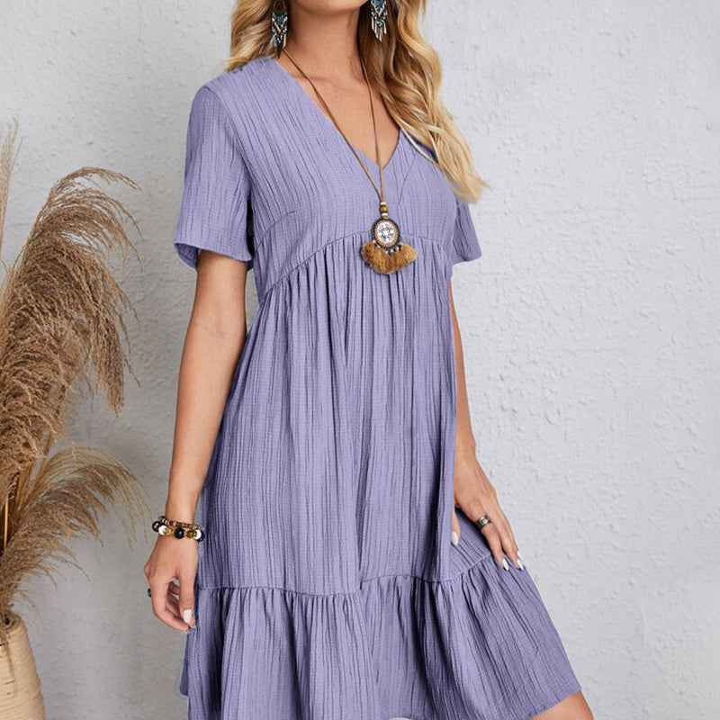 Summer Casual Women Elegant Short Sleeve V Neck Ruffles Dress Solid Loose Mini Dress Chic Bohemian Sundress Beach Party Vestidos
