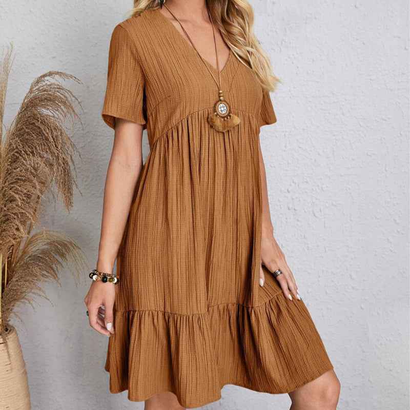 Summer Casual Women Elegant Short Sleeve V Neck Ruffles Dress Solid Loose Mini Dress Chic Bohemian Sundress Beach Party Vestidos