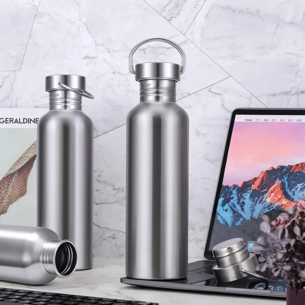 1000ML Stainless Steel Water Bottle, Non-Insulated Single-Wall, Dishwasher Safe, Plastic-Free 304 Metal Water Bottle, Wide-Mouth