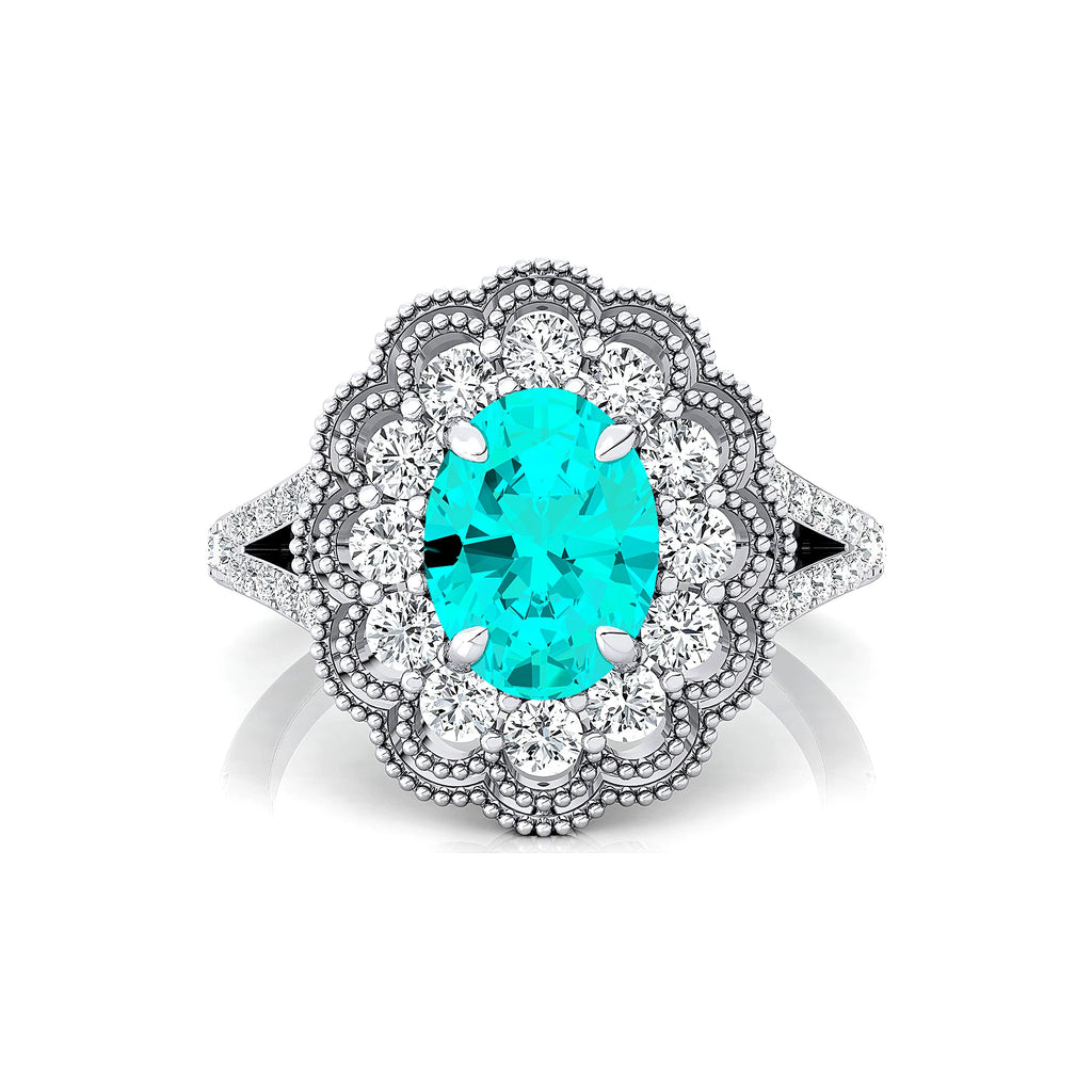Unisex Wedding Anniversary Rings in 18k Solid Gold Rhodium Plated Lab Paraiba Tourmaline Real Diamonds Halo Solitaire Ring Gift