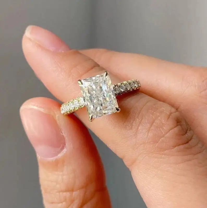14K Solid Gold 2.01CT Radiant Cut Pave Setting Engagement Ring Lab Grown Diamond Hidden Halo Wedding Proposal Charms