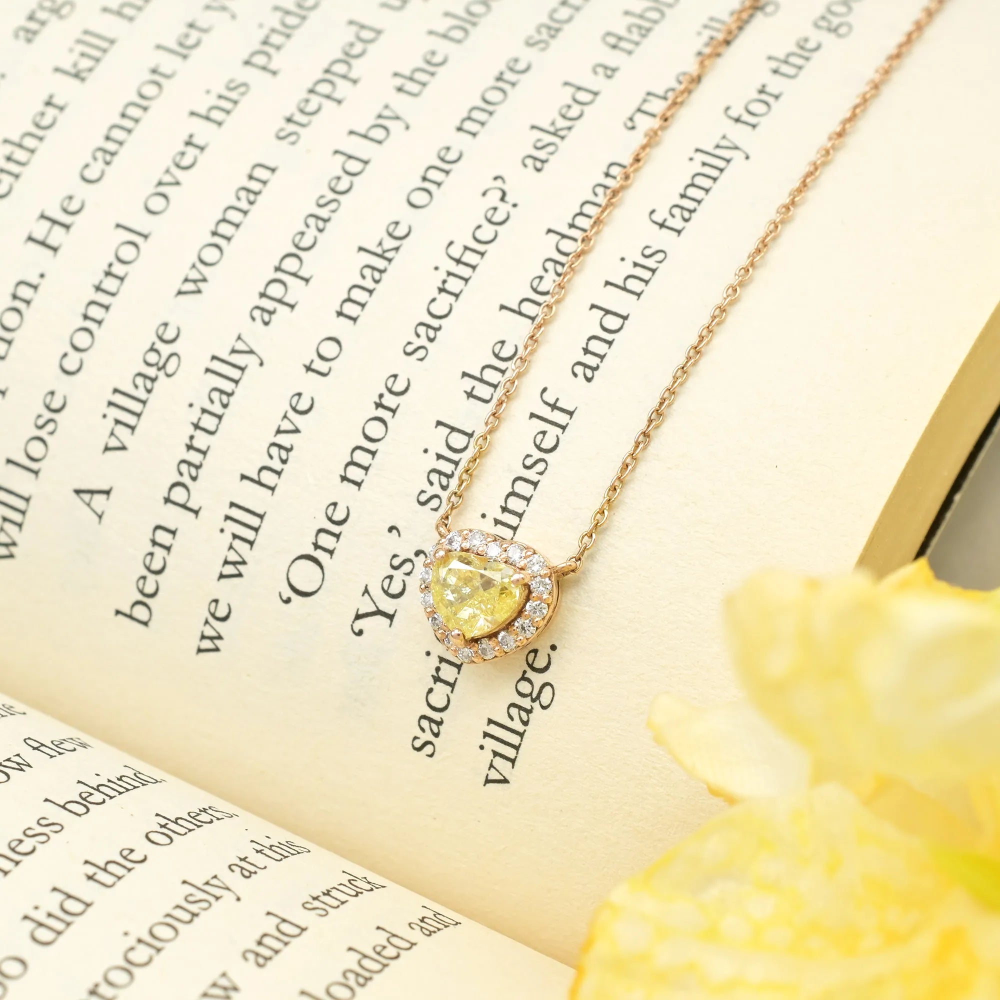Ready To Ship 14k Rose Gold Heart Halo Engagement Necklace 0.71 CT Heart Cut Yellow Adjustable Necklace IGI Certified Jewelry