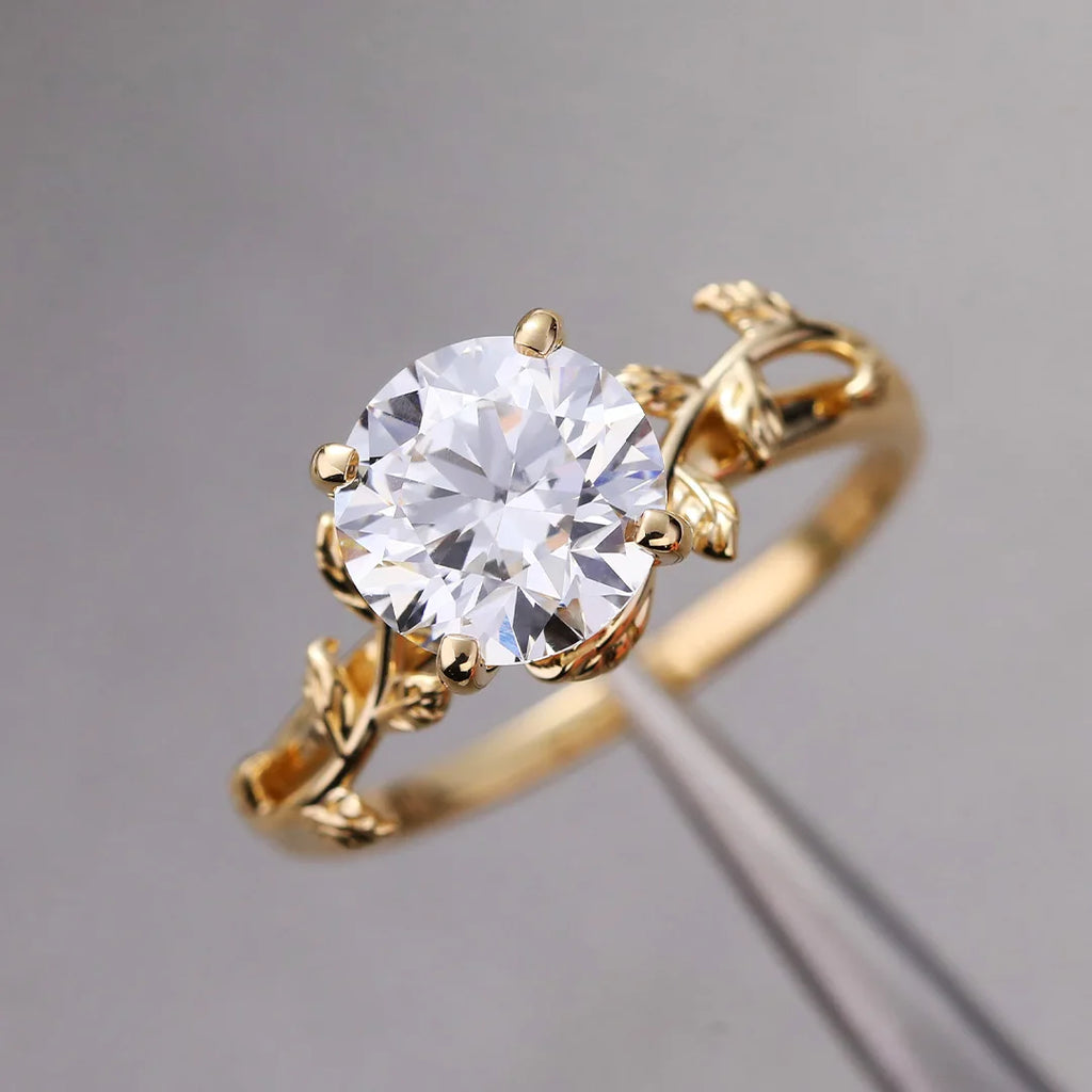 10mm Round Cut Moissanite Engagement Ring | Leaf Vine Design Solitaire | Gold or Silver Bridal Wedding Fine Jewelry OEM