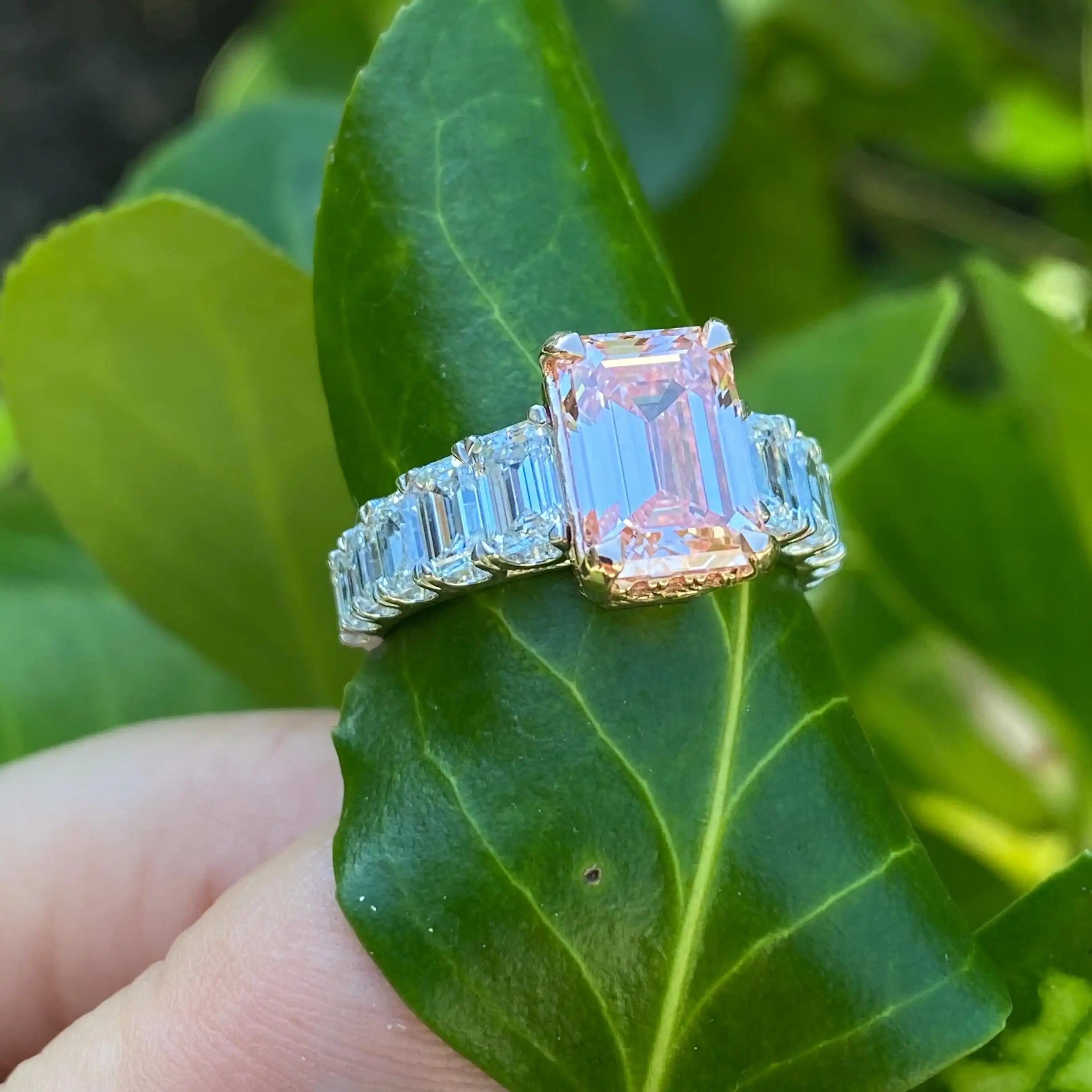Exquisite 6.22 Ct Carat Emerald Cut Lab-grown Intense Pink Micro Pave Set Diamonds Engagement Ring 14k White Rose Gold IGI