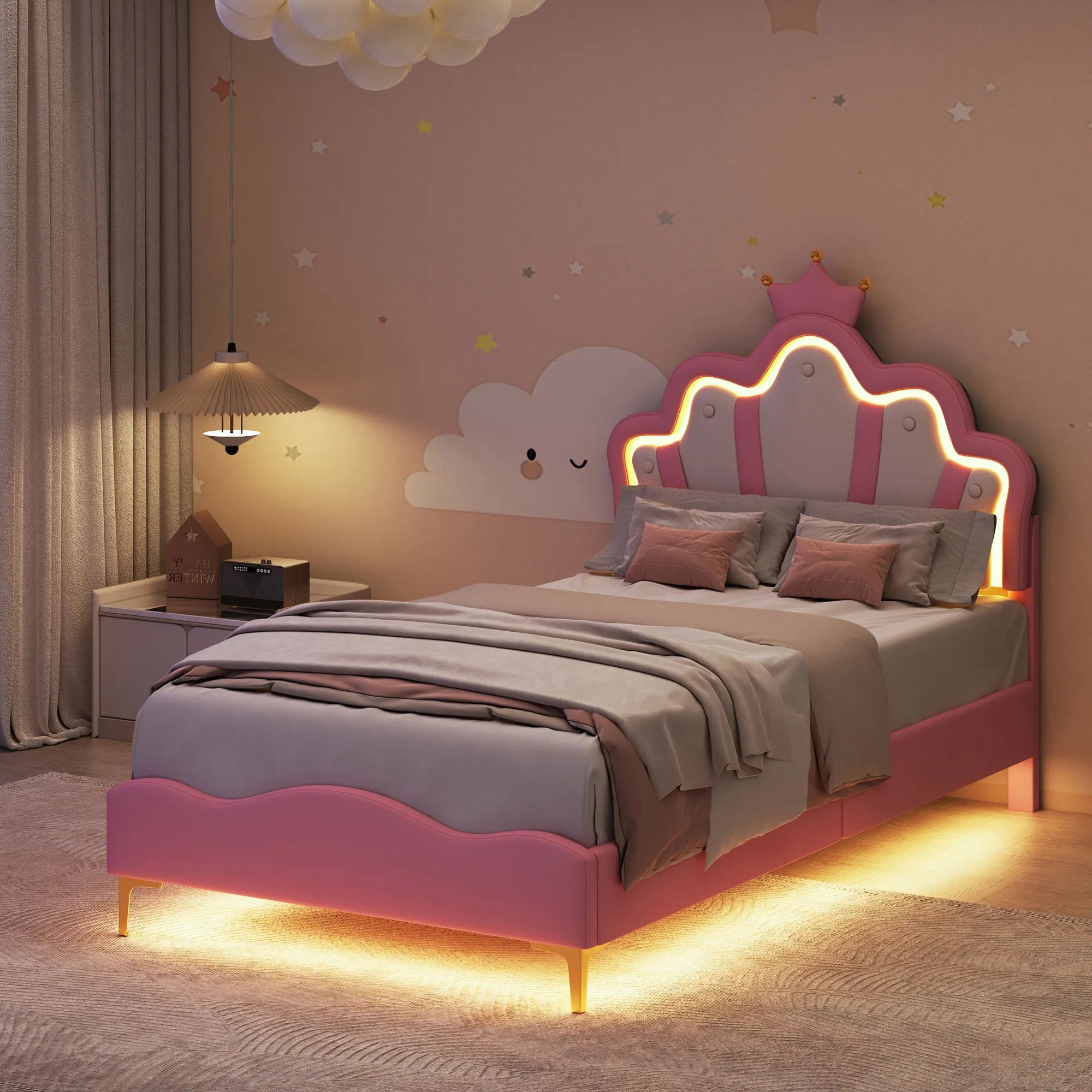 Rosahqnda Children's bed girls Single bed Double Bed Children bed Princess Crown Shape bed Adjustable Headboard