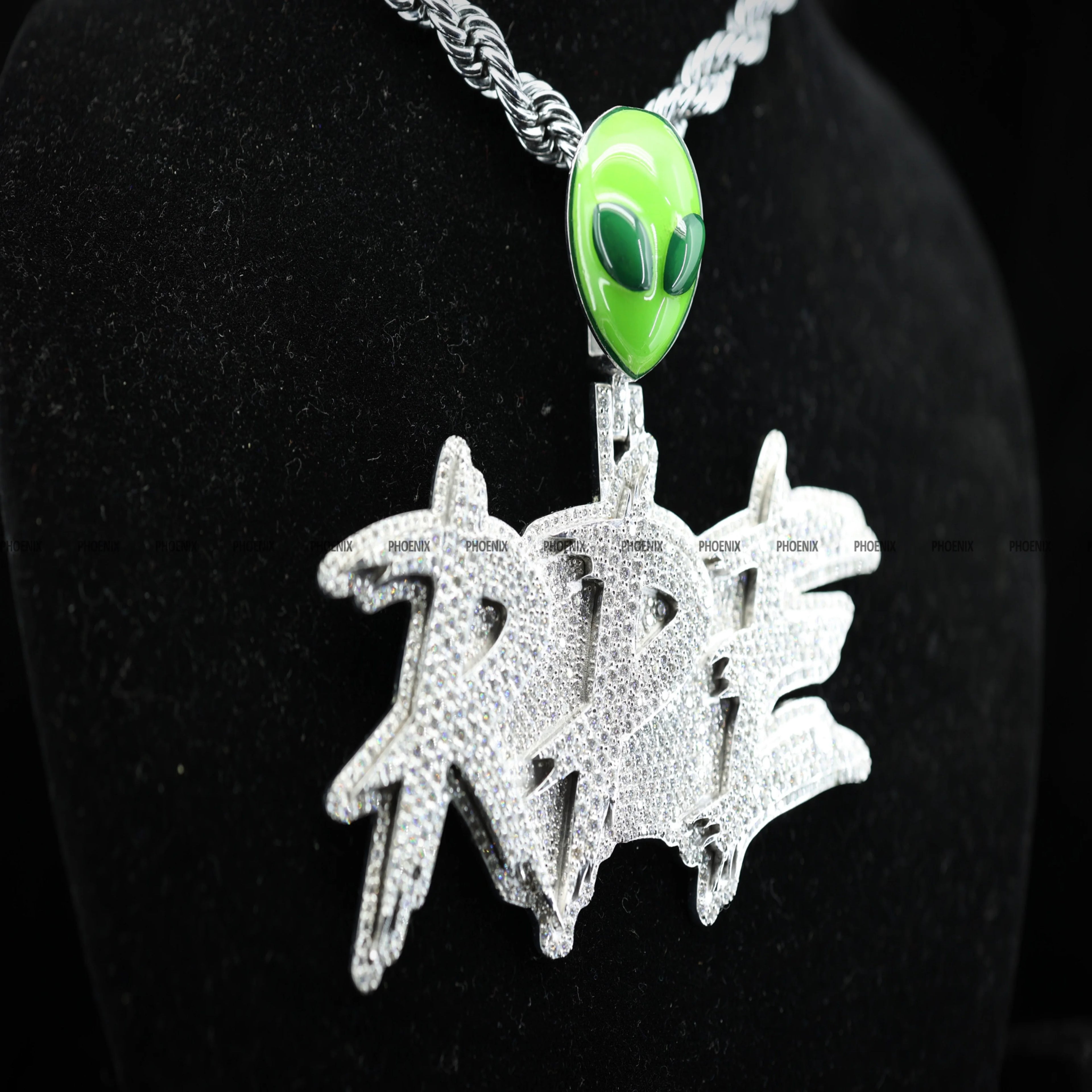 Custom Alien Bail Pendant Iced Out "RPE" Pendant Green Alien Head Bail Hip Hop Jewelry Rapper Statement Bling Phoenix Enterprise