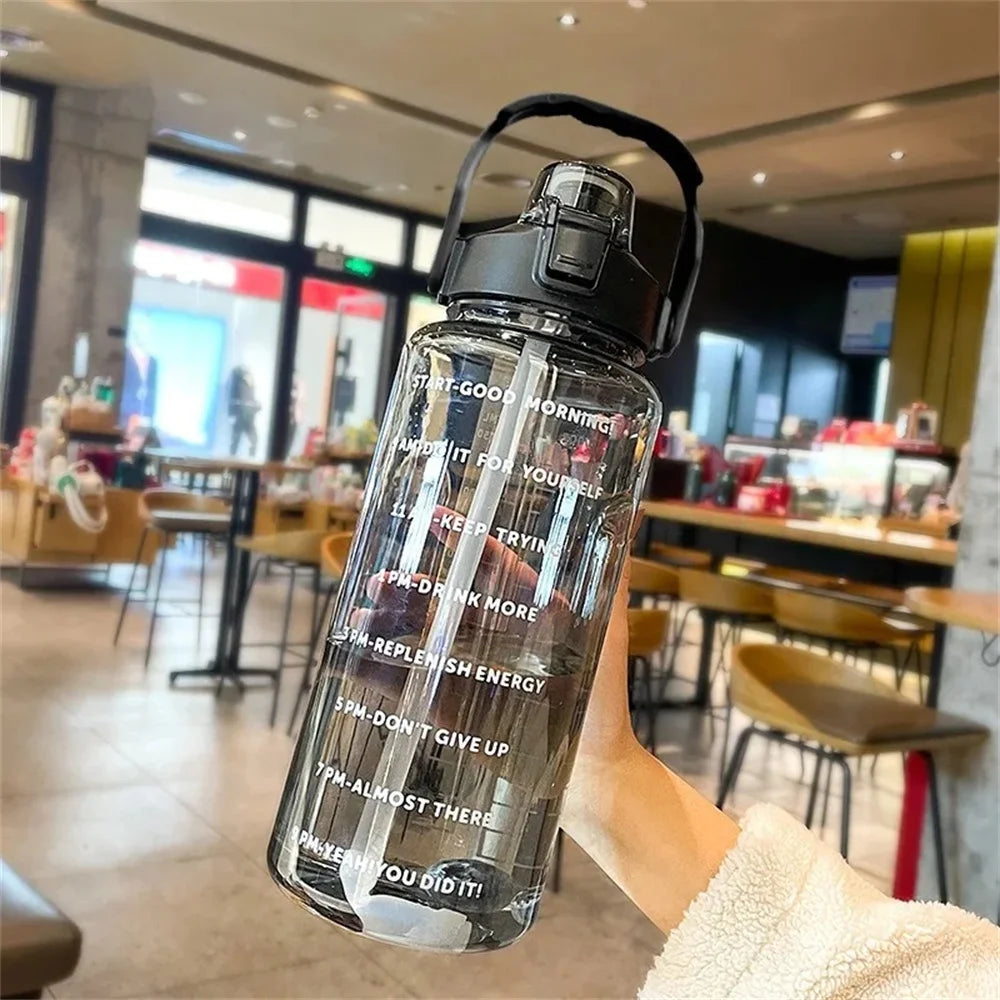 1pack 2L Water Bottle with Time Marker, Leak Proof, Non-Slip, Plastic Portable Travel Water Bottle Fitness Cup With Cute Stickes