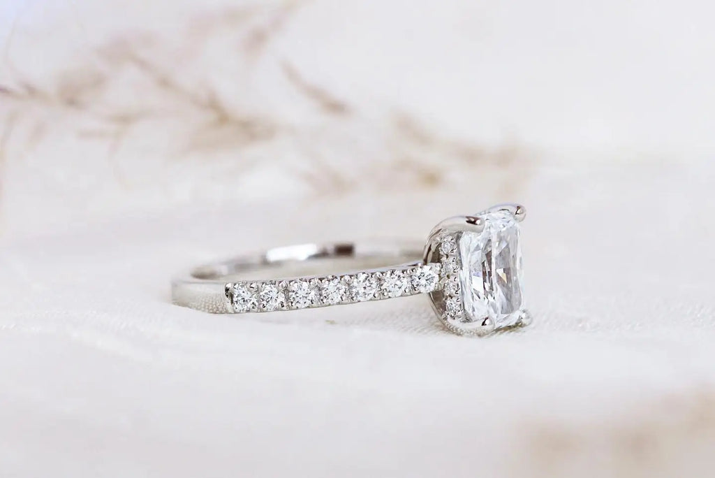 Elegant Gold Bridal Wedding Jewelry 5x7mm Radiant Cut Diamond Engagement Ring Pave Band 18K Gold Plated Sterling Silver Brides