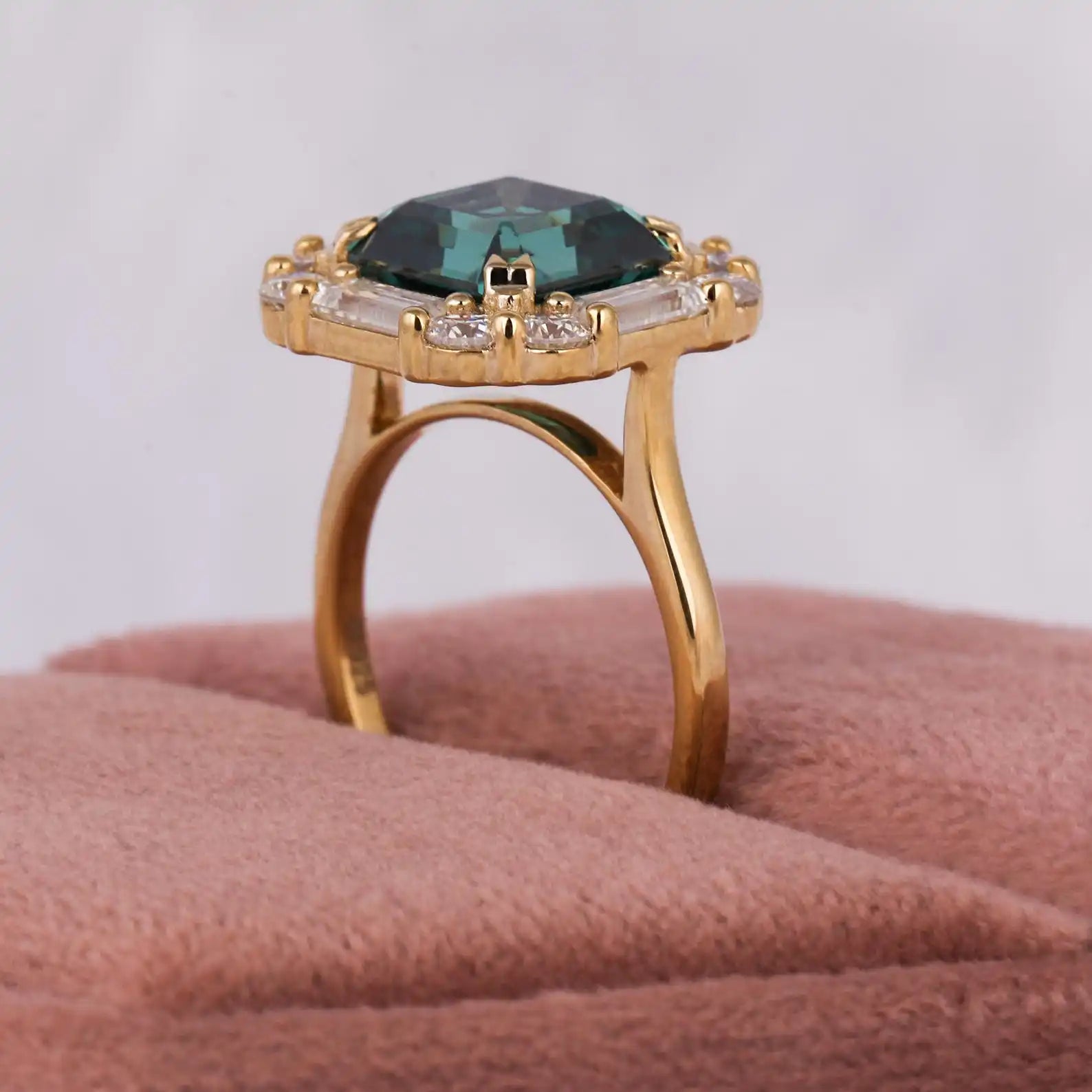 2.00 CT Green Asscher Baguette Cut Engagement Ring Lab grown Diamond Halo 14K Gold Prong Setting Trendy Wedding Gift for Women