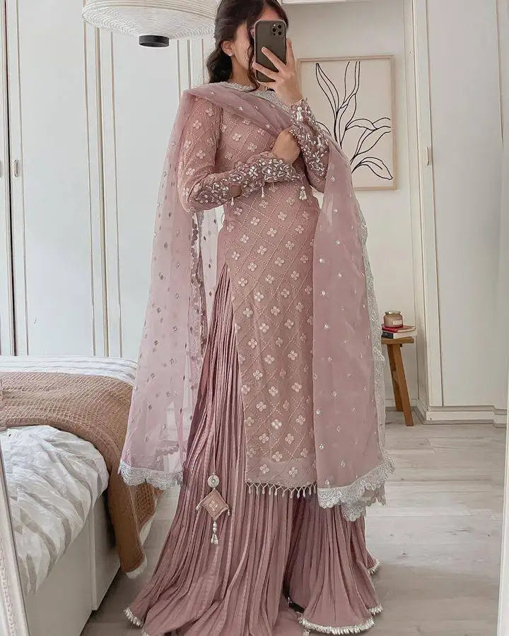 Tennecy Unique Design Silk Salwar Kameez Matching Palazzo Dupatta Set Indian Pakistan Diwali Wedding Parties Wrinkle-Free