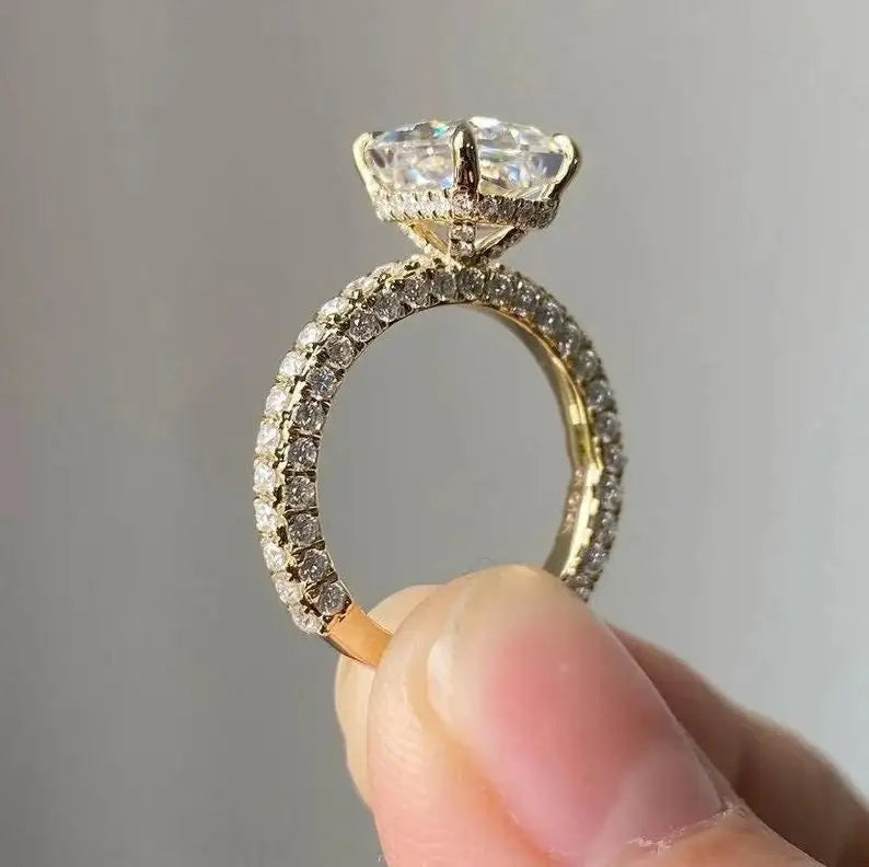14K Solid Gold 2.01CT Radiant Cut Pave Setting Engagement Ring Lab Grown Diamond Hidden Halo Wedding Proposal Charms