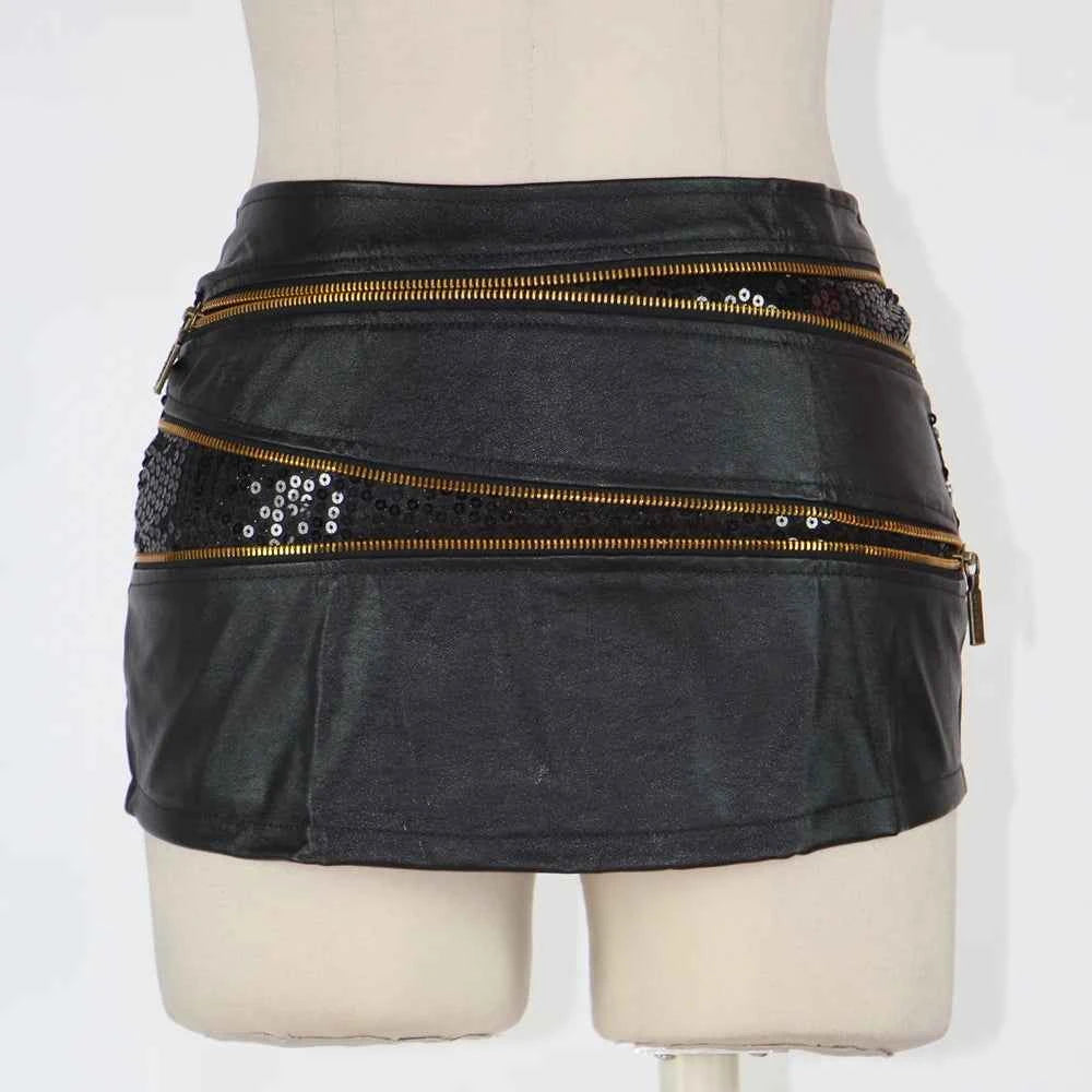 Women's Black Leather Micro Mini Skirt with Zippers Fashionable Mini Skirt for Women