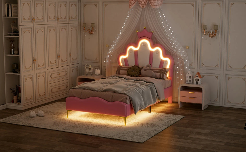 Rosahqnda Children's bed girls Single bed Double Bed Children bed Princess Crown Shape bed Adjustable Headboard