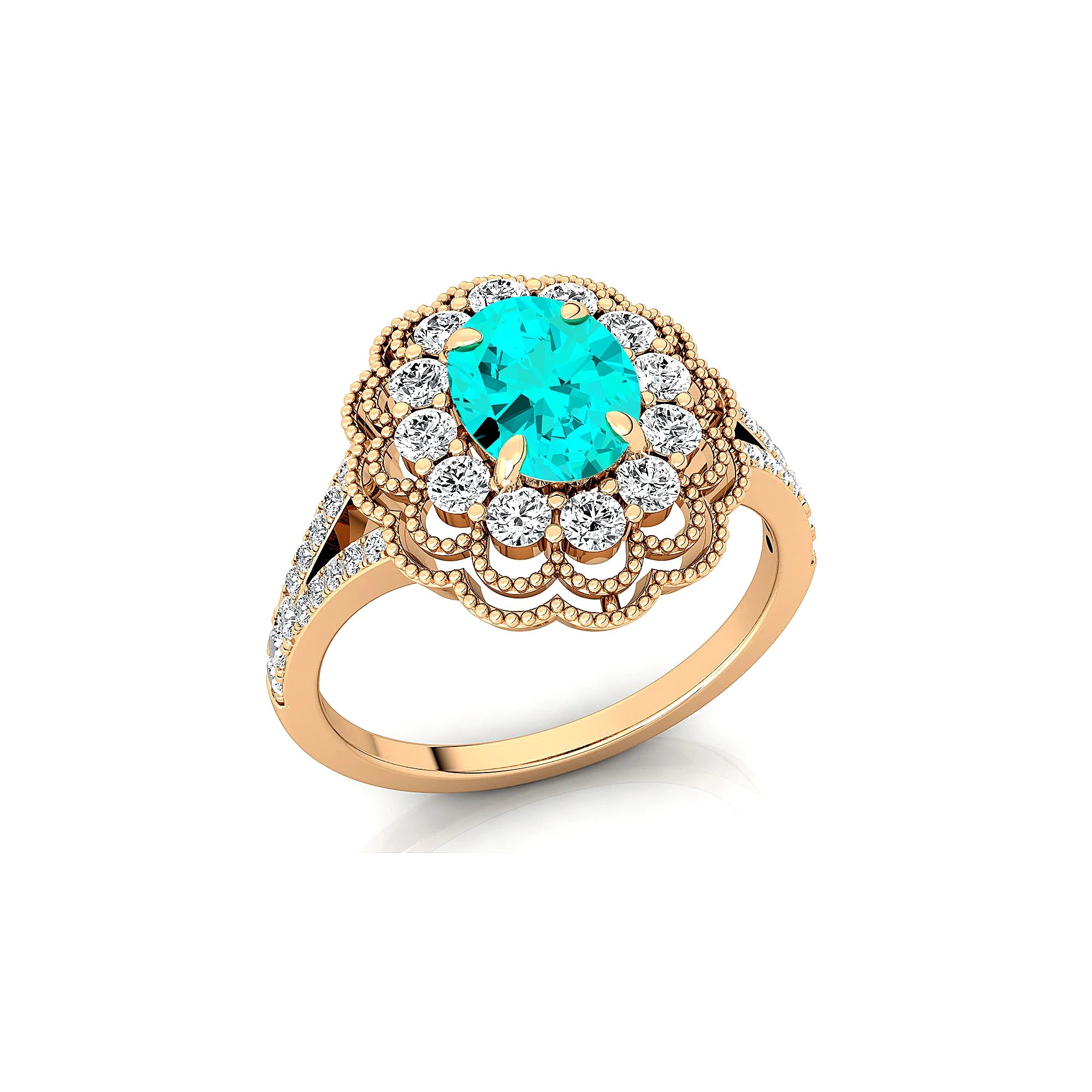 Unisex Wedding Anniversary Rings in 18k Solid Gold Rhodium Plated Lab Paraiba Tourmaline Real Diamonds Halo Solitaire Ring Gift