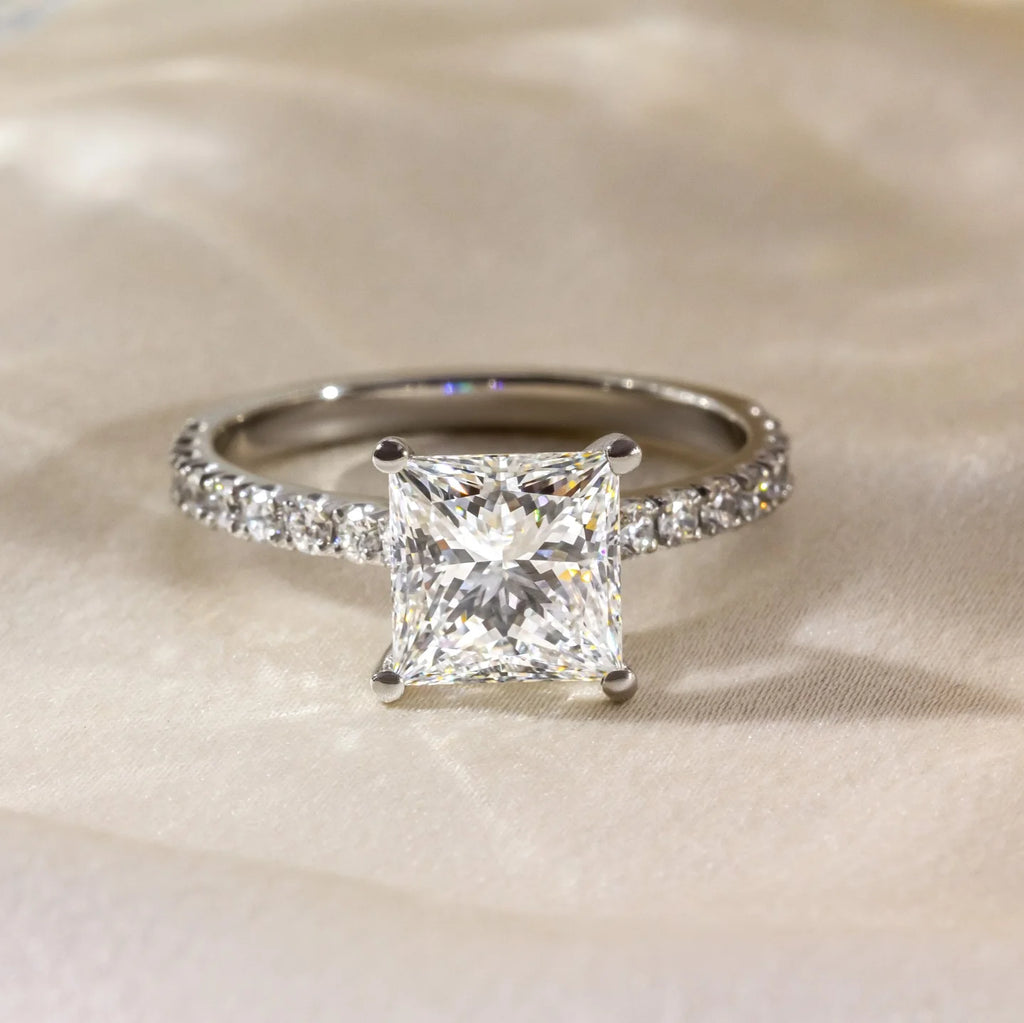 Princess Cut 9mm Moissanite Engagement Ring With Pave Band White Gold Plated Four Prong Wedding Fine Jewelry For Women