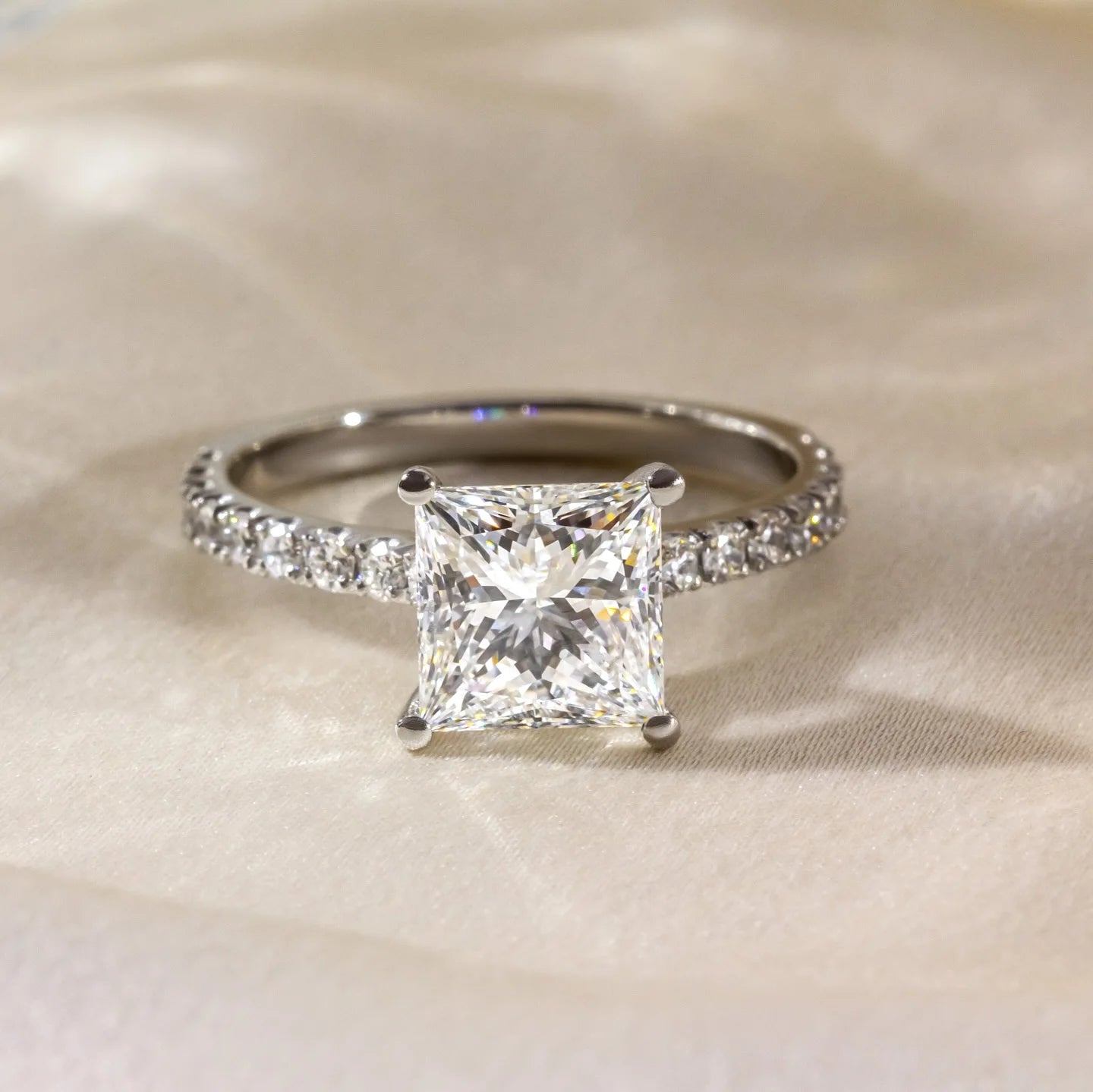 Princess Cut 9mm Moissanite Engagement Ring With Pave Band White Gold Plated Four Prong Wedding Fine Jewelry For Women
