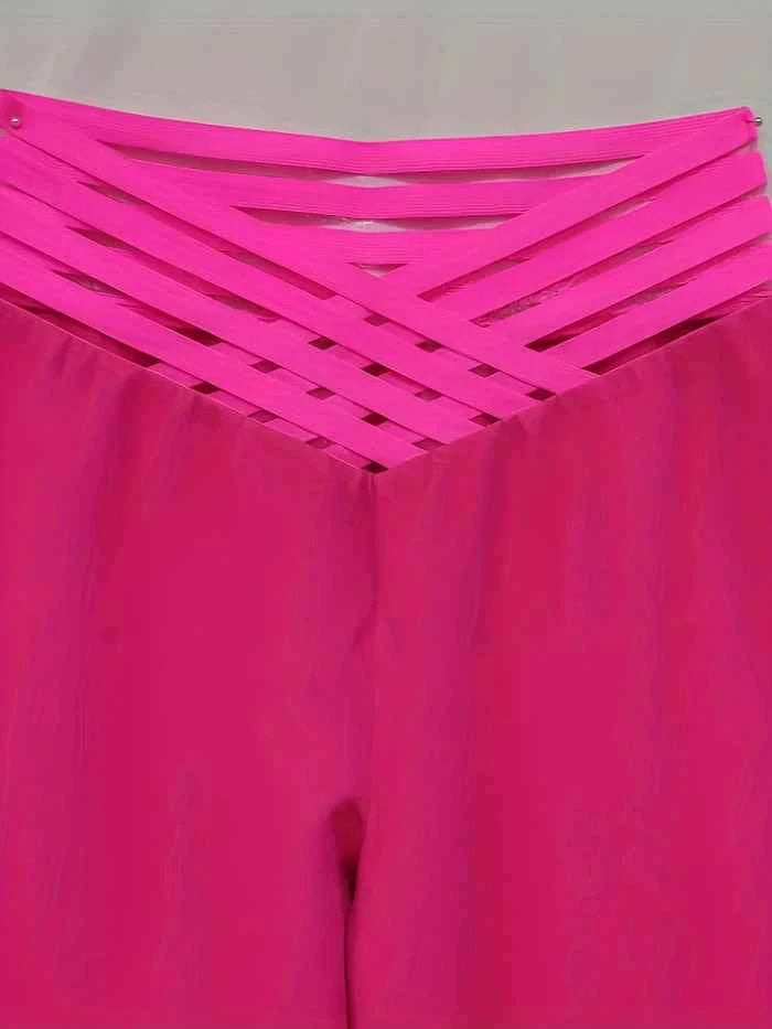 Women Wide Leg Flared Pants 2024 New Y2k Casual Crisscross Sheer Mesh Patch High Waist Trousers Elegant Streetwear Work Pants