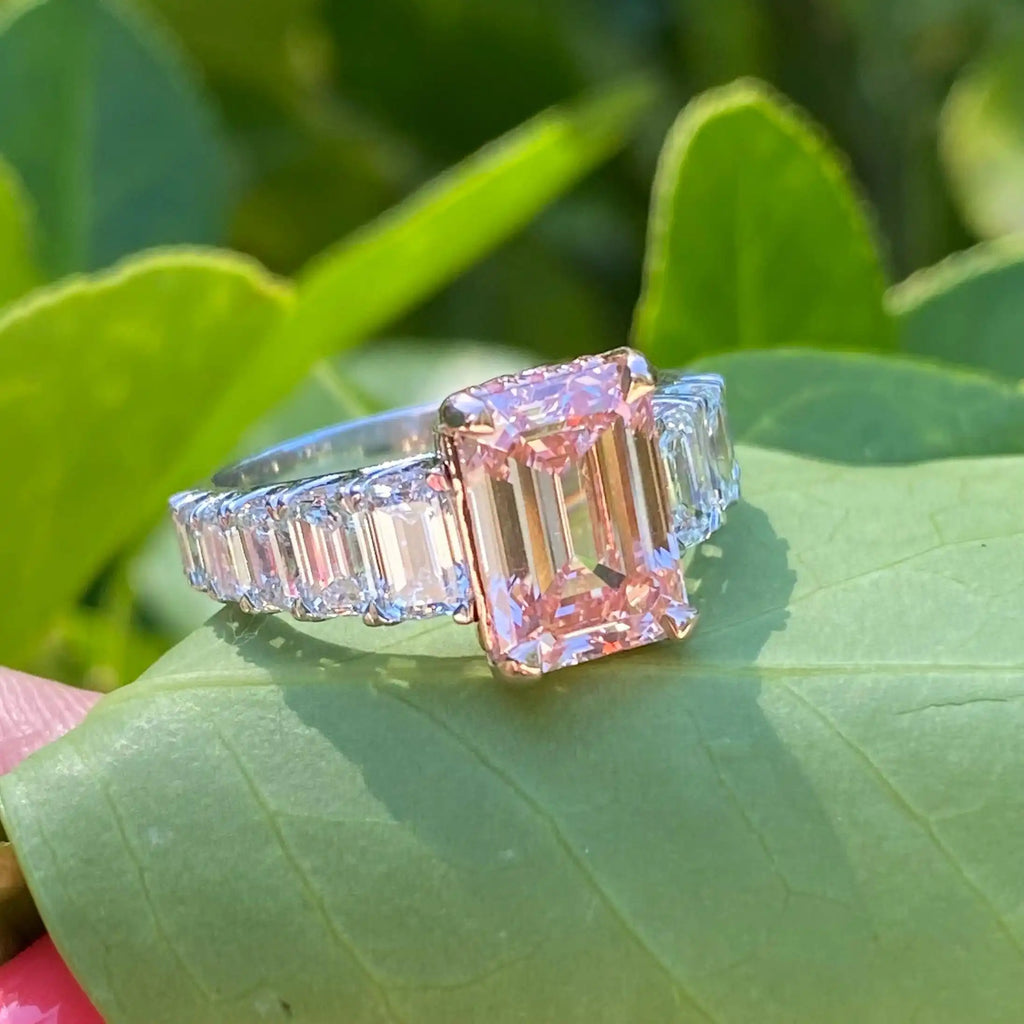 Exquisite 6.22 Ct Carat Emerald Cut Lab-grown Intense Pink Micro Pave Set Diamonds Engagement Ring 14k White Rose Gold IGI