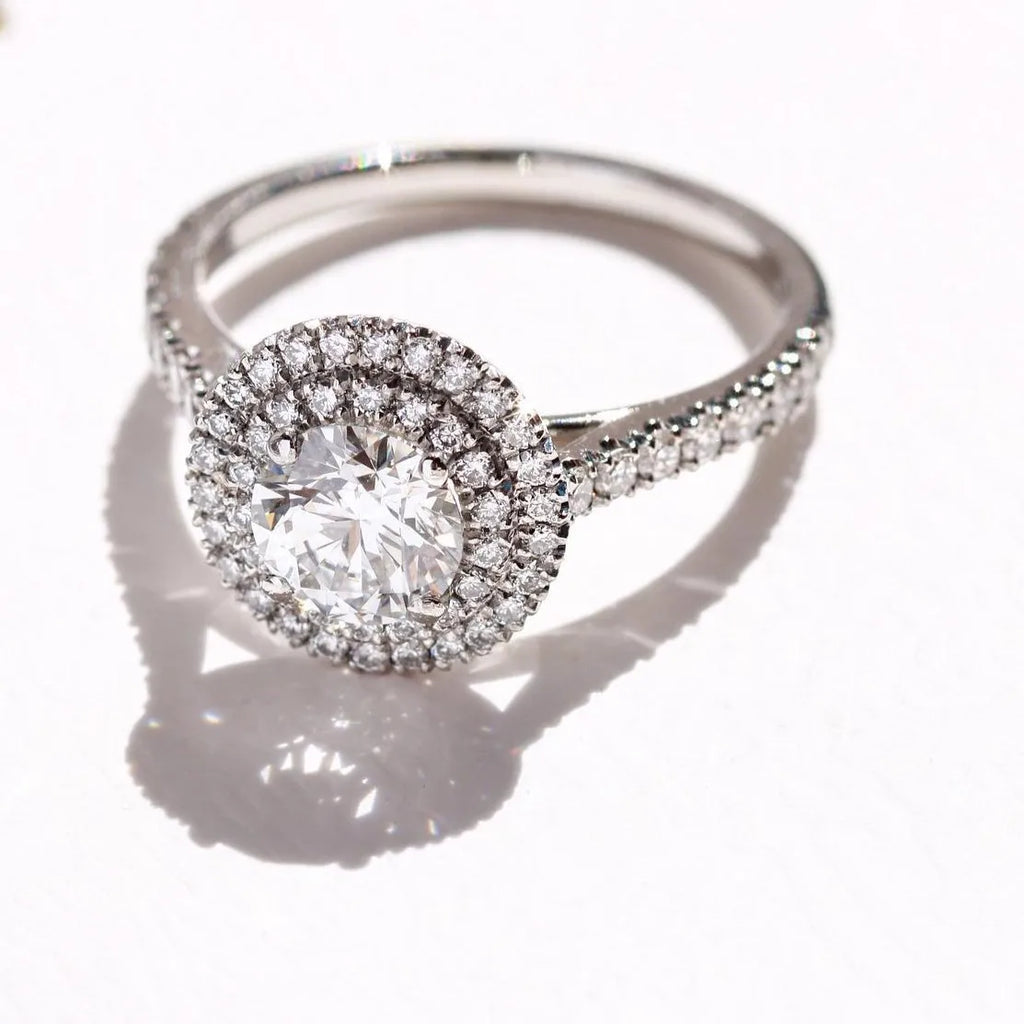 8mm Round Cut Moissanite Halo Engagement Ring | Pave Band Wedding Ring | Silver or Gold Fine Jewelry Custom OEM