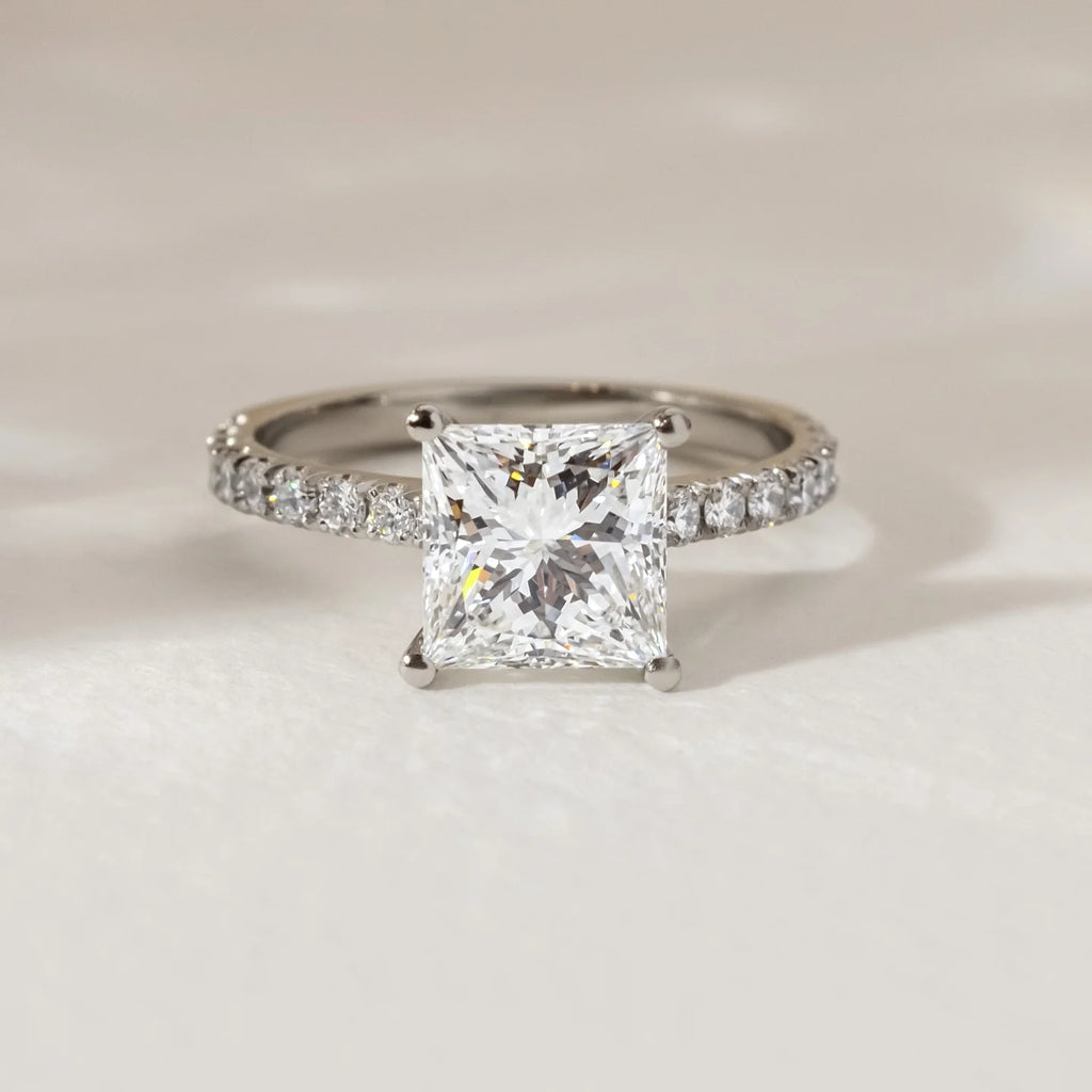 Princess Cut 9mm Moissanite Engagement Ring With Pave Band White Gold Plated Four Prong Wedding Fine Jewelry For Women