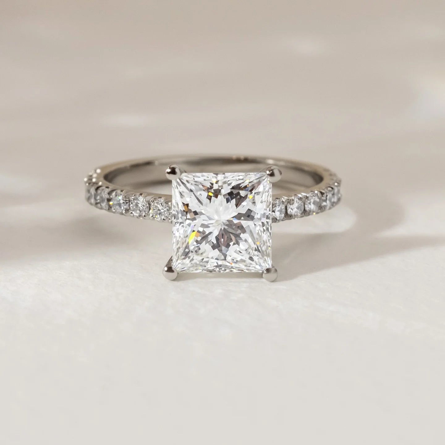 Princess Cut 9mm Moissanite Engagement Ring With Pave Band White Gold Plated Four Prong Wedding Fine Jewelry For Women