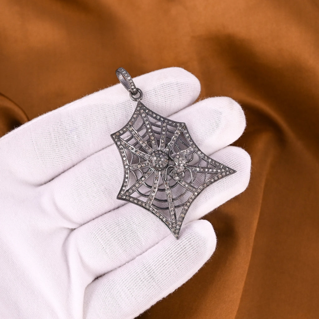 Women's Spider Web Pendant 925 Sterling Silver Black Rhodium Plated Single Cut Natural Pave Diamond Vintage 55x35MM Size 9.29g