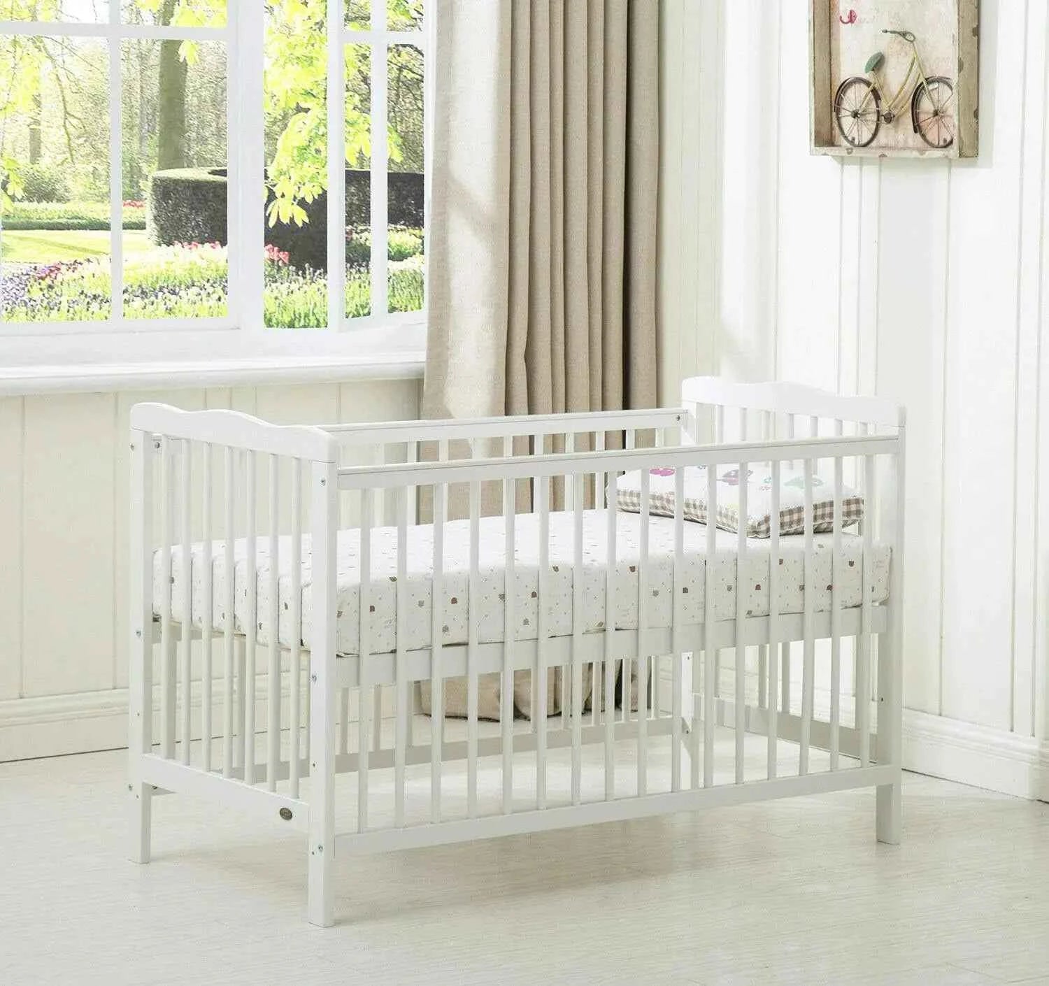 mcc direct Brooklyn Baby Cot Crib with Water Repellent Mattress & Wheeled Drawer & Safety Wooden Barrier - 125 X 85 X 66 CM