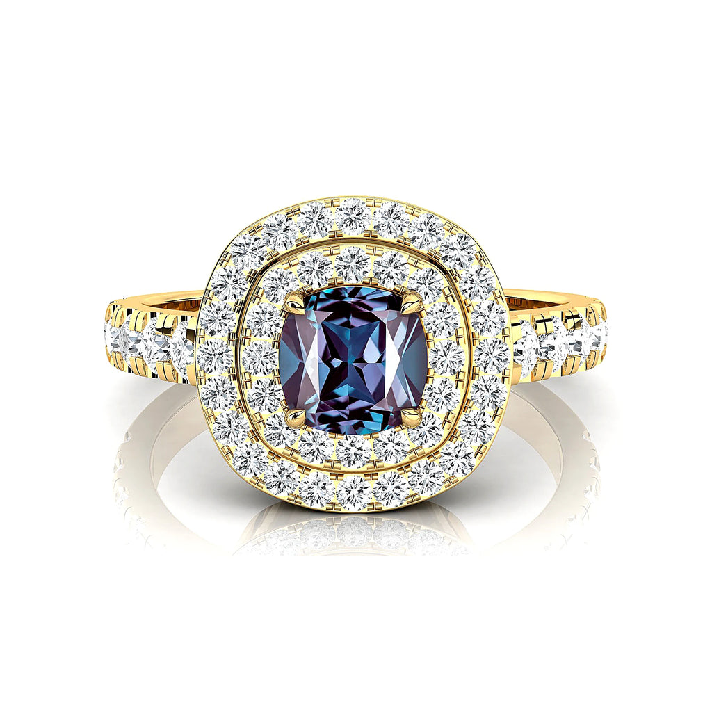 18k Solid Gold Handmade Rings Cushion Cut Lab Grown Alexandrite Gemstone and Real Diamonds Wedding Rhodium Plated Halo Ring