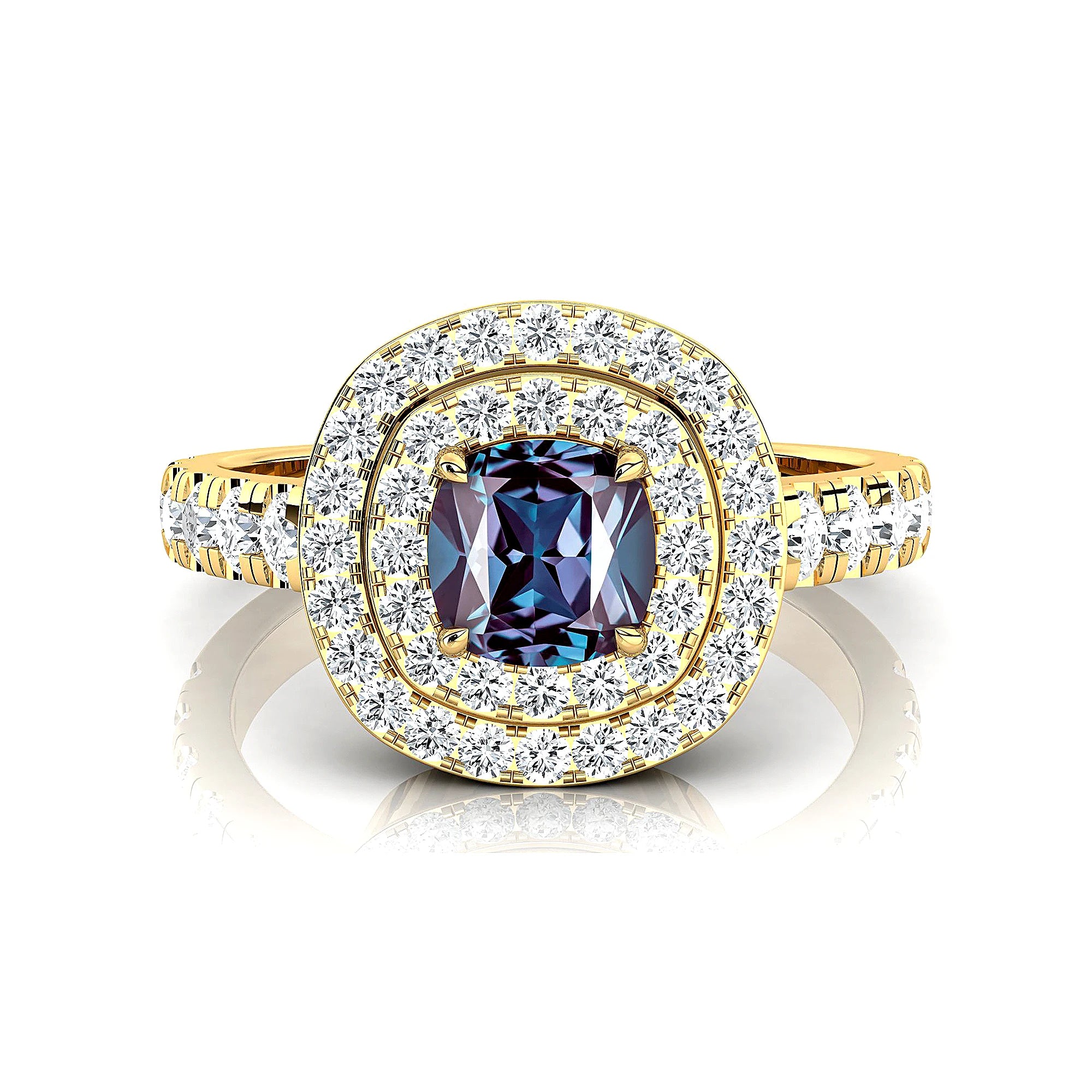 18k Solid Gold Handmade Rings Cushion Cut Lab Grown Alexandrite Gemstone and Real Diamonds Wedding Rhodium Plated Halo Ring