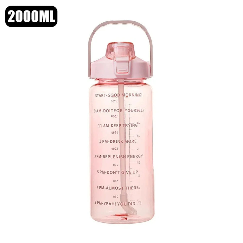 1pack 2L Water Bottle with Time Marker, Leak Proof, Non-Slip, Plastic Portable Travel Water Bottle Fitness Cup With Cute Stickes