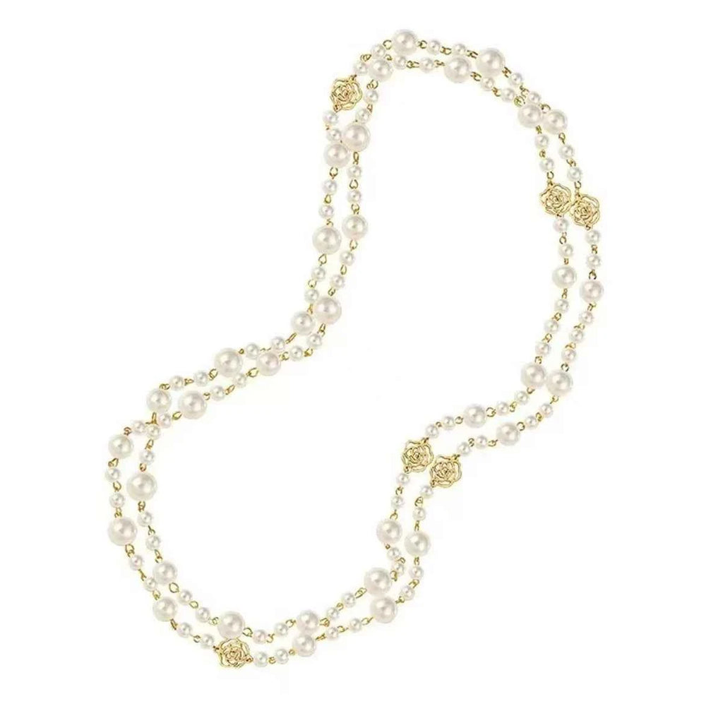 Vintage Lady Camellia Pearls Flower Long Necklace Chain Elegant Double Layers Fashion Jewelry For Women Party Collares de moda