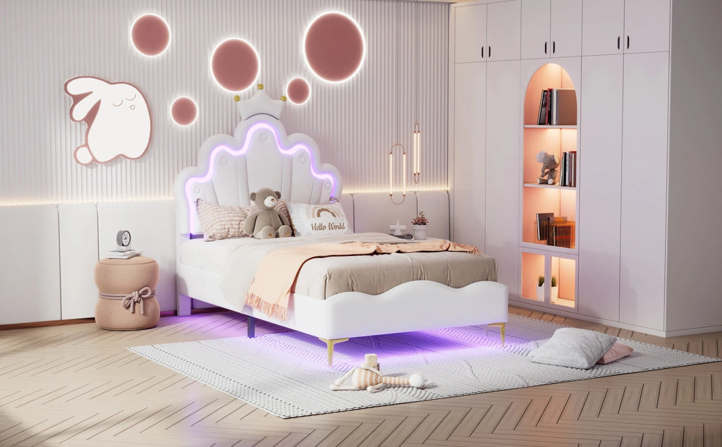 Rosahqnda Children's bed girls Single bed Double Bed Children bed Princess Crown Shape bed Adjustable Headboard