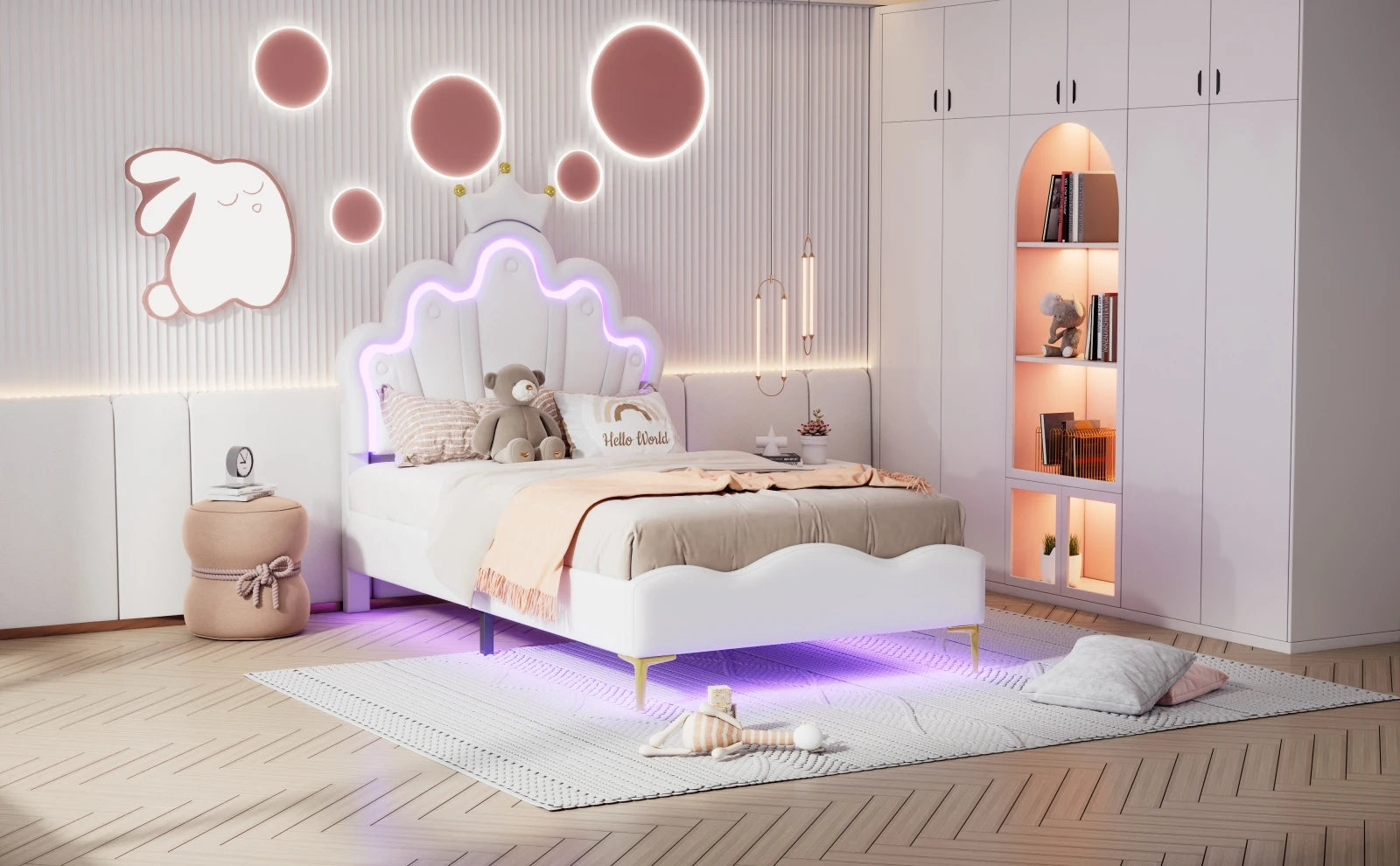 Rosahqnda Children's bed girls Single bed Double Bed Children bed Princess Crown Shape bed Adjustable Headboard