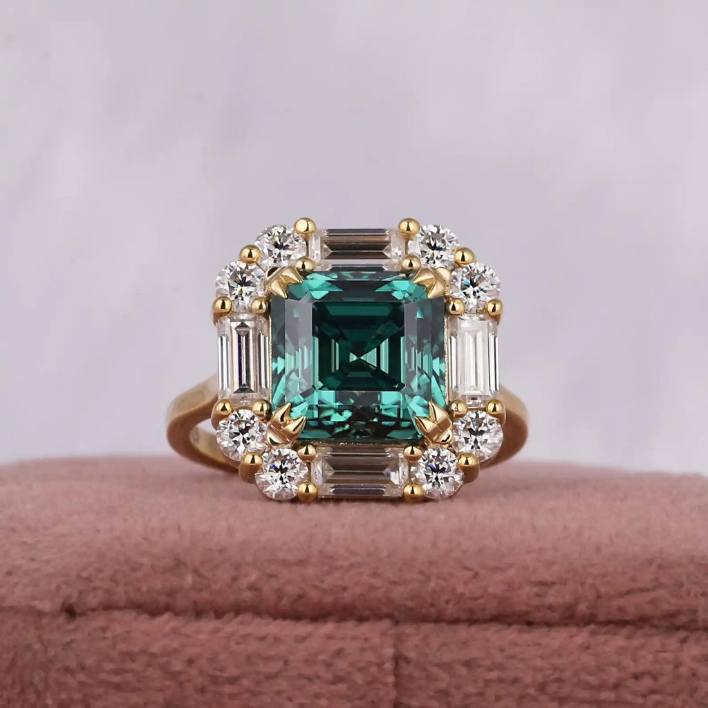 2.00 CT Green Asscher Baguette Cut Engagement Ring Lab grown Diamond Halo 14K Gold Prong Setting Trendy Wedding Gift for Women