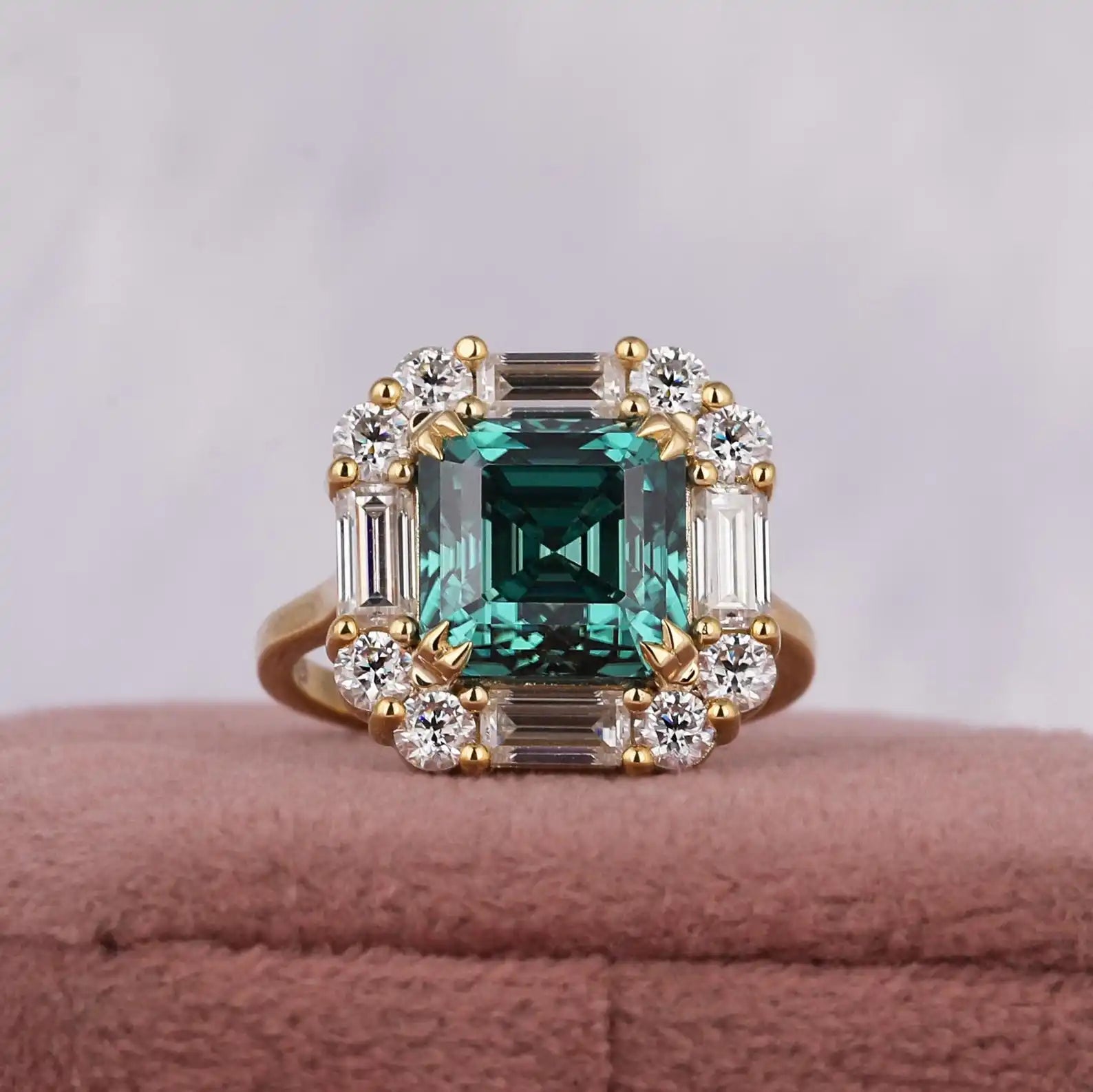 2.00 CT Green Asscher Baguette Cut Engagement Ring Lab grown Diamond Halo 14K Gold Prong Setting Trendy Wedding Gift for Women