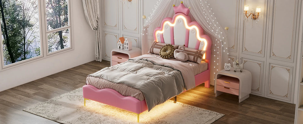 Rosahqnda Children's bed girls Single bed Double Bed Children bed Princess Crown Shape bed Adjustable Headboard
