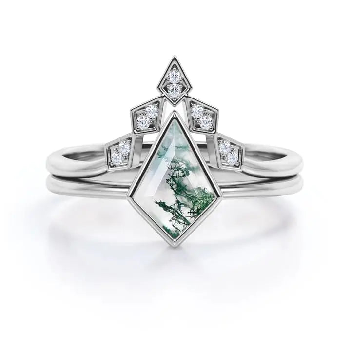 925 Sterling Silver Handmade Geometric Kite Moss Agate 10x7mm Luxury Ring Unique Engagement Wedding Anniversary Promise Jewelry