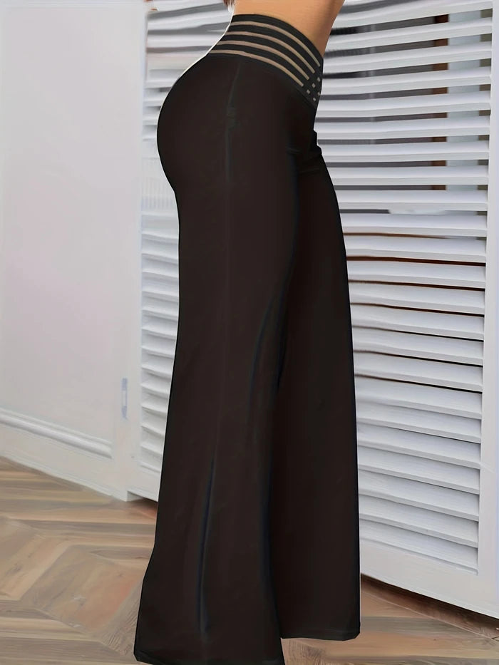 Women Wide Leg Flared Pants 2024 New Y2k Casual Crisscross Sheer Mesh Patch High Waist Trousers Elegant Streetwear Work Pants