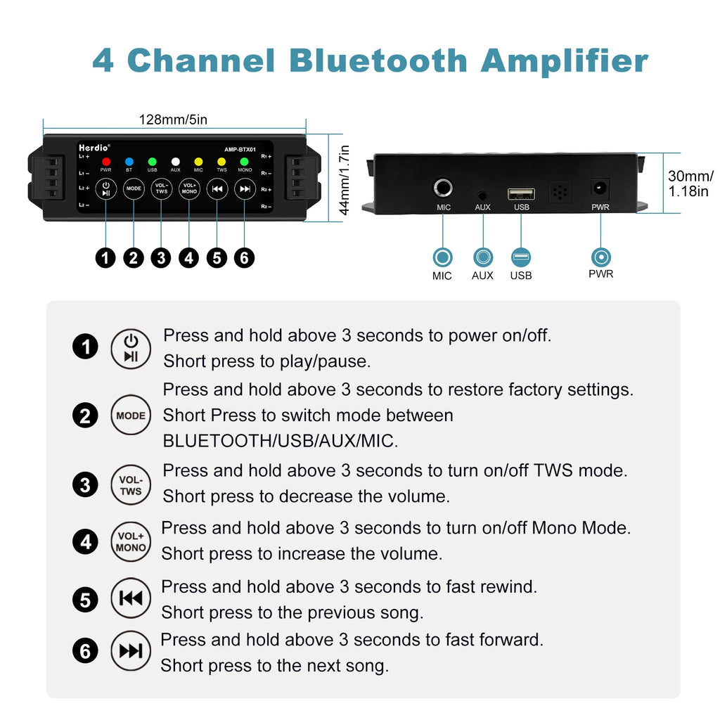 Herdio 4-Channel Bluetooth Audio Amplifier with Remote Control for Bathroom Wall/Ceiling Speakers  EU/US/UK/AU Compatible