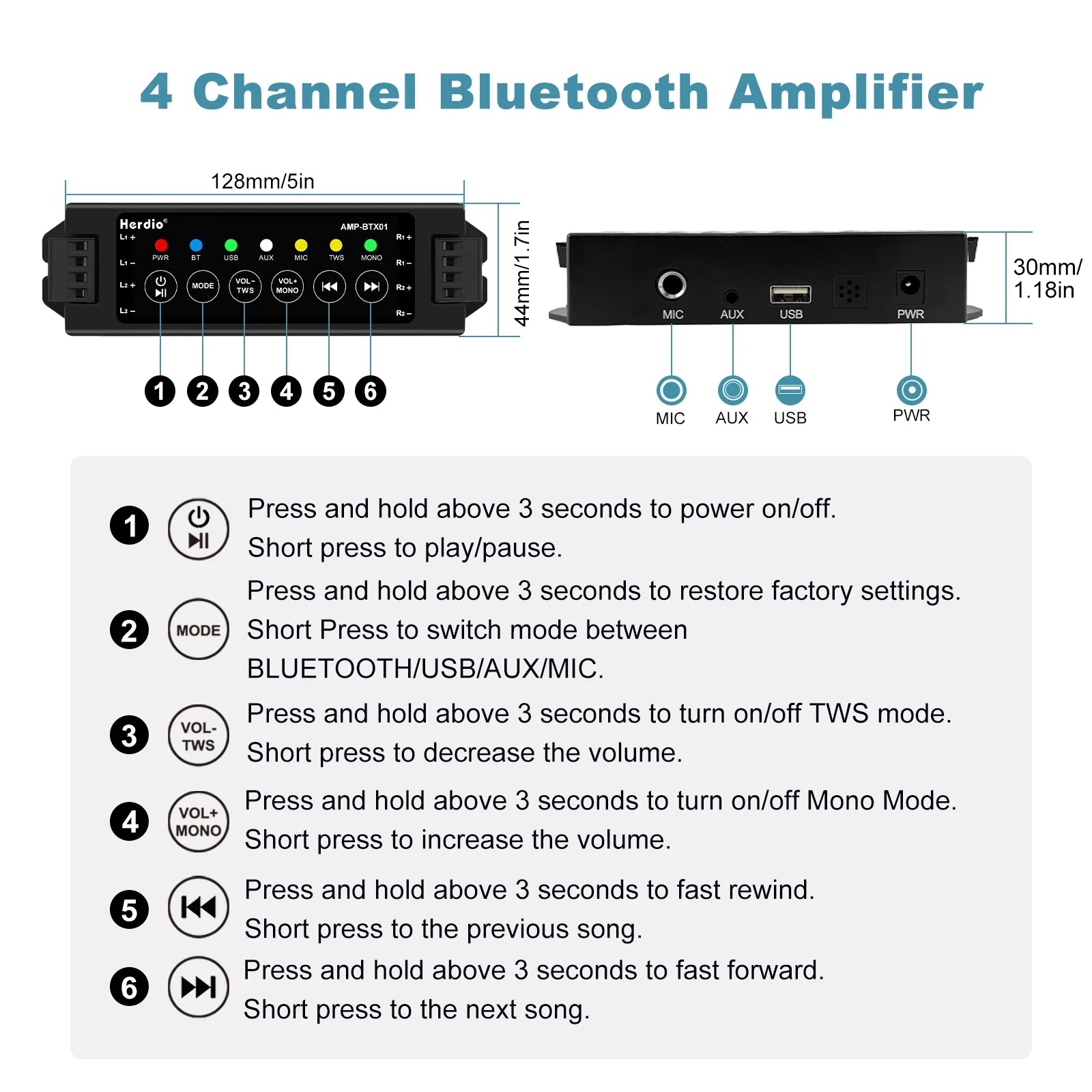 Herdio 4-Channel Bluetooth Audio Amplifier with Remote Control for Bathroom Wall/Ceiling Speakers  EU/US/UK/AU Compatible