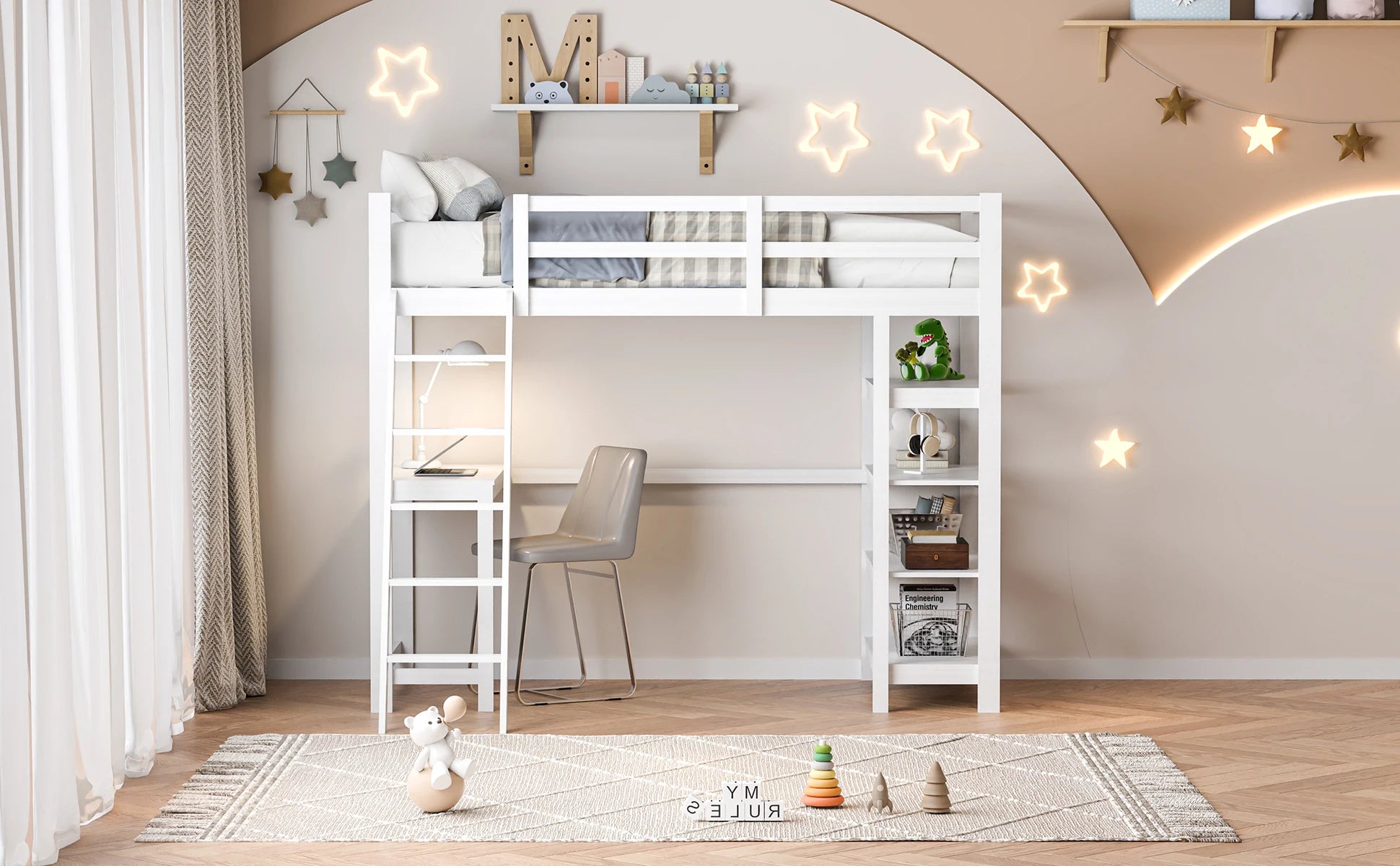 Rosahqnda children's high bed 90x200 cm 140x200 cm, children's bed with crash protection, stair, storage space, bunk bed, solid wood