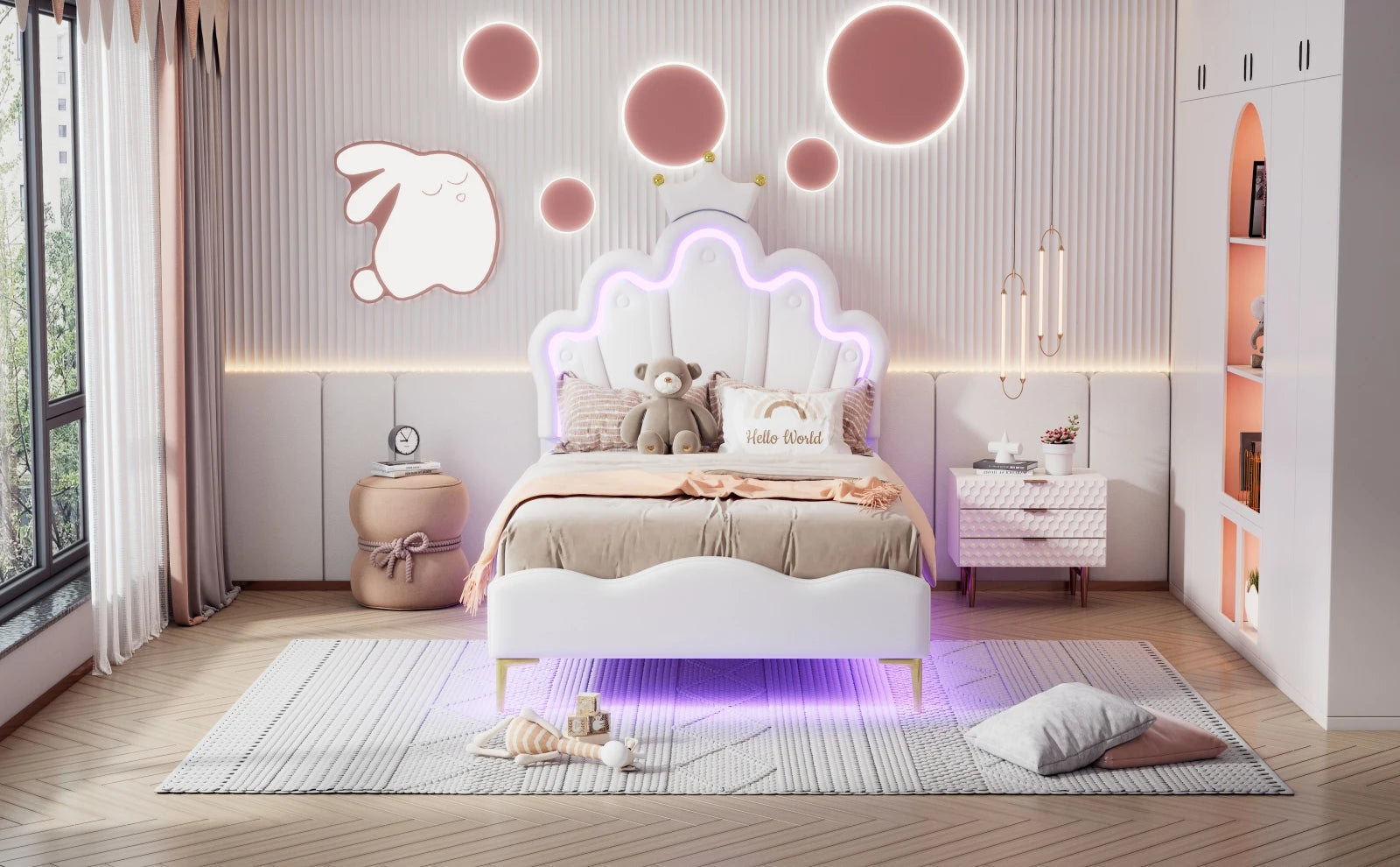 Rosahqnda Children's bed girls Single bed Double Bed Children bed Princess Crown Shape bed Adjustable Headboard