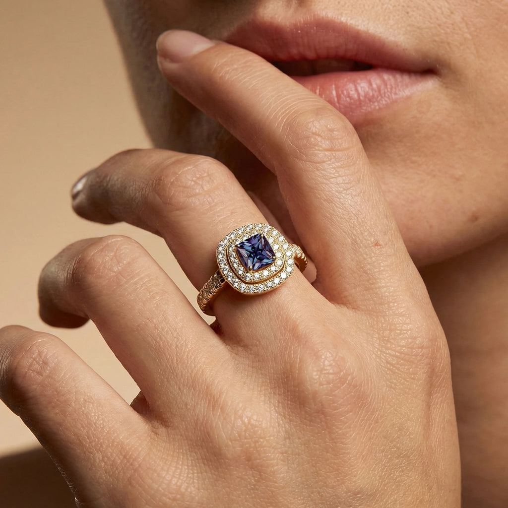 18k Solid Gold Handmade Rings Cushion Cut Lab Grown Alexandrite Gemstone and Real Diamonds Wedding Rhodium Plated Halo Ring