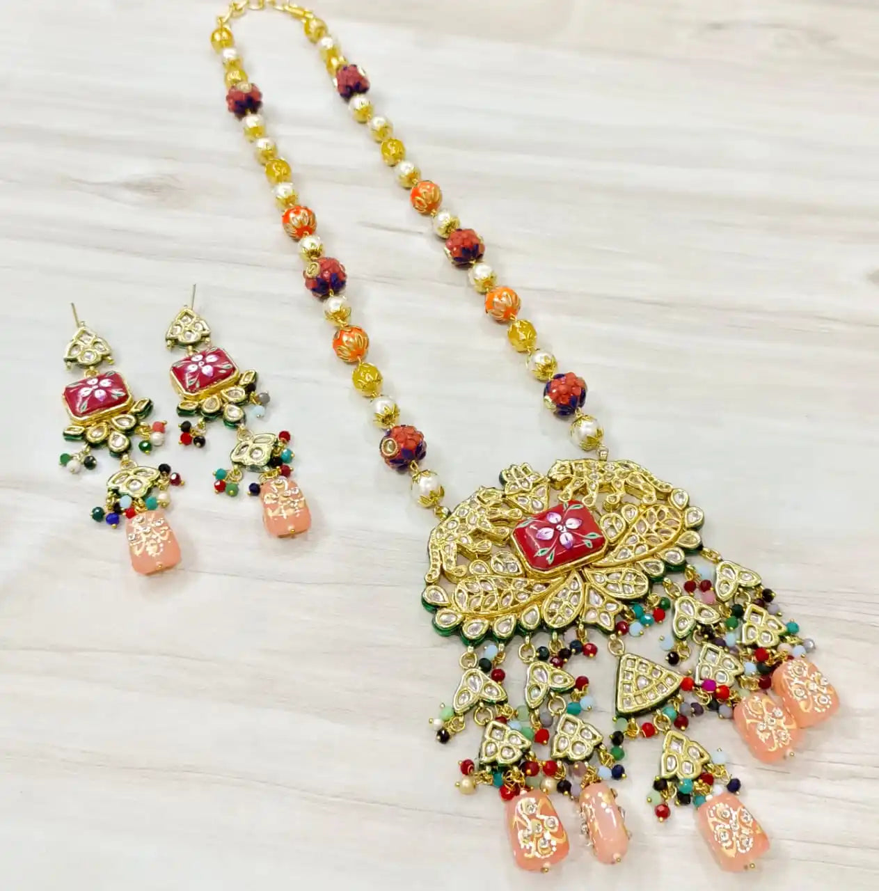 Luxury Multicolor Gemstone Long Necklace Earrings Bracelet Set Gold Plated Kundan Polki Beaded Statement Wedding Jewelry for