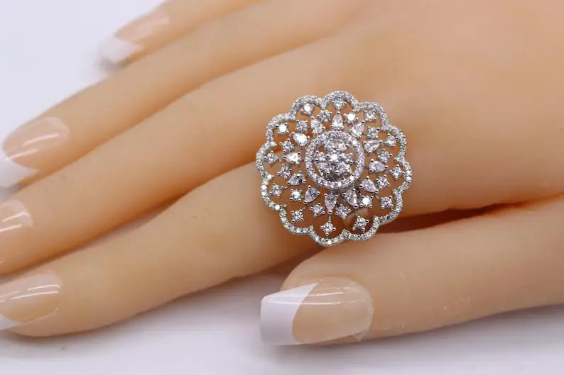 Flower Cluster 925 Silver Engagement Ring Original Multi Pear Cut Moissanite Halo Rhodium Plated Pave Setting Brides Wedding
