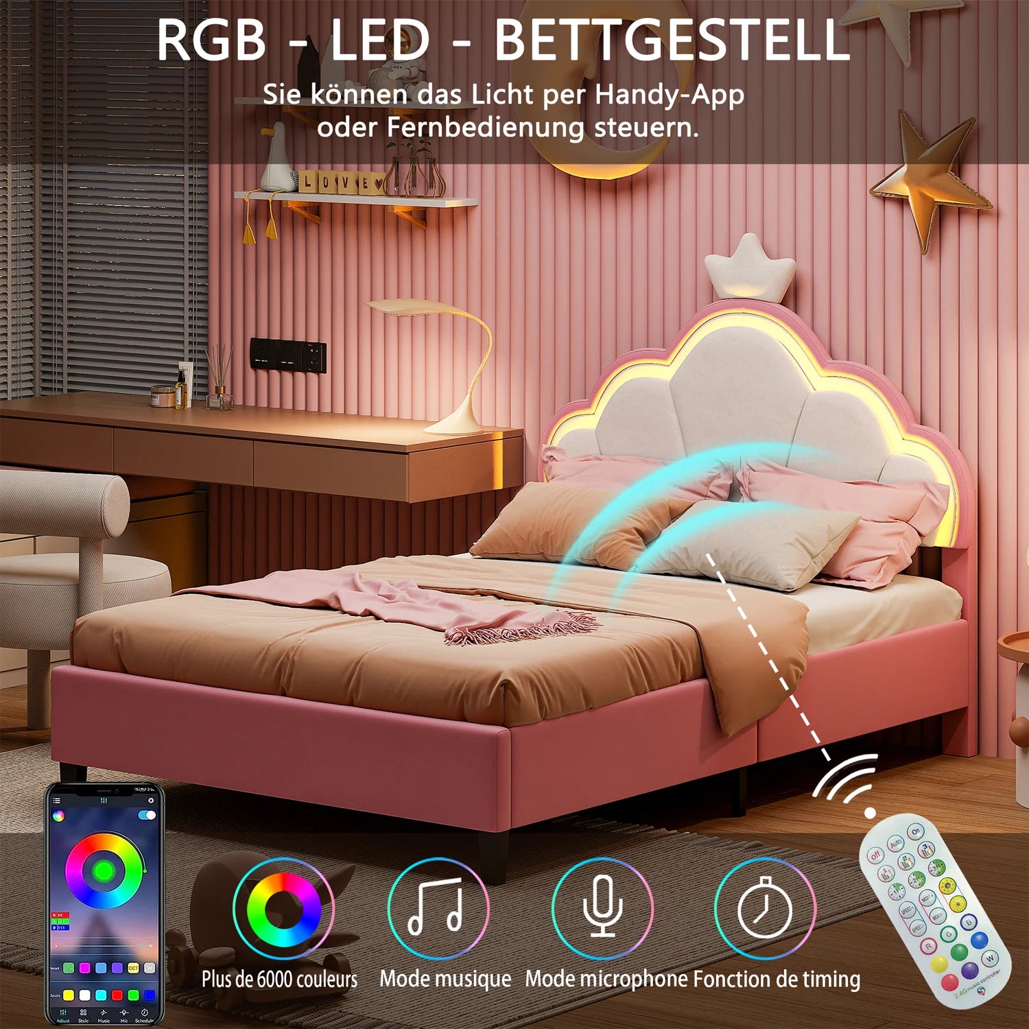 Children's bed 90x200 cm, Princess Crown-shaped bed with Adjustable bed Head, Girl bed with LED, Single bed, Pink